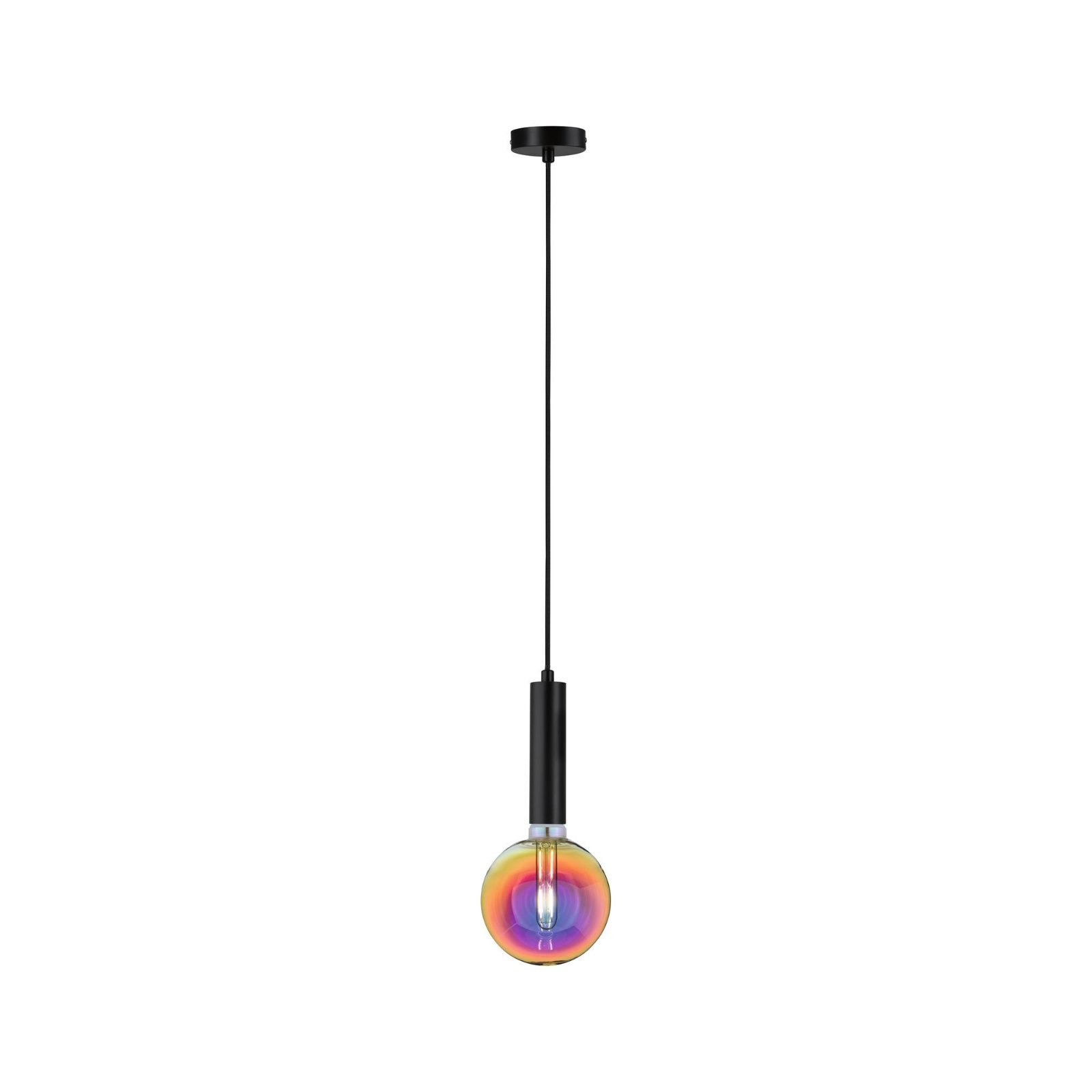 Czarna lampa wisząca z kolorową żarówką.