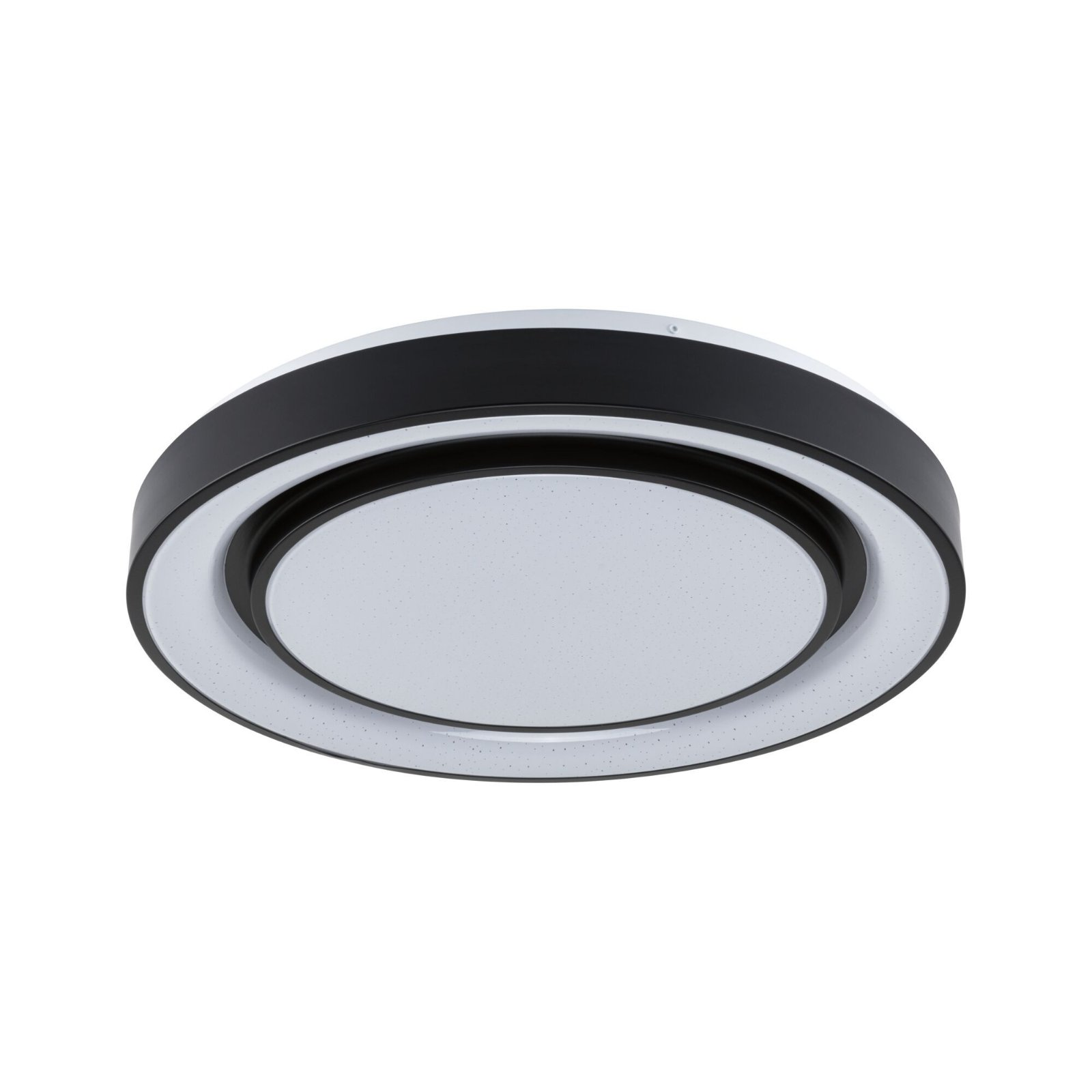 Lampada da soffitto rotonda con design in bianco e nero. Sfondo bianco.