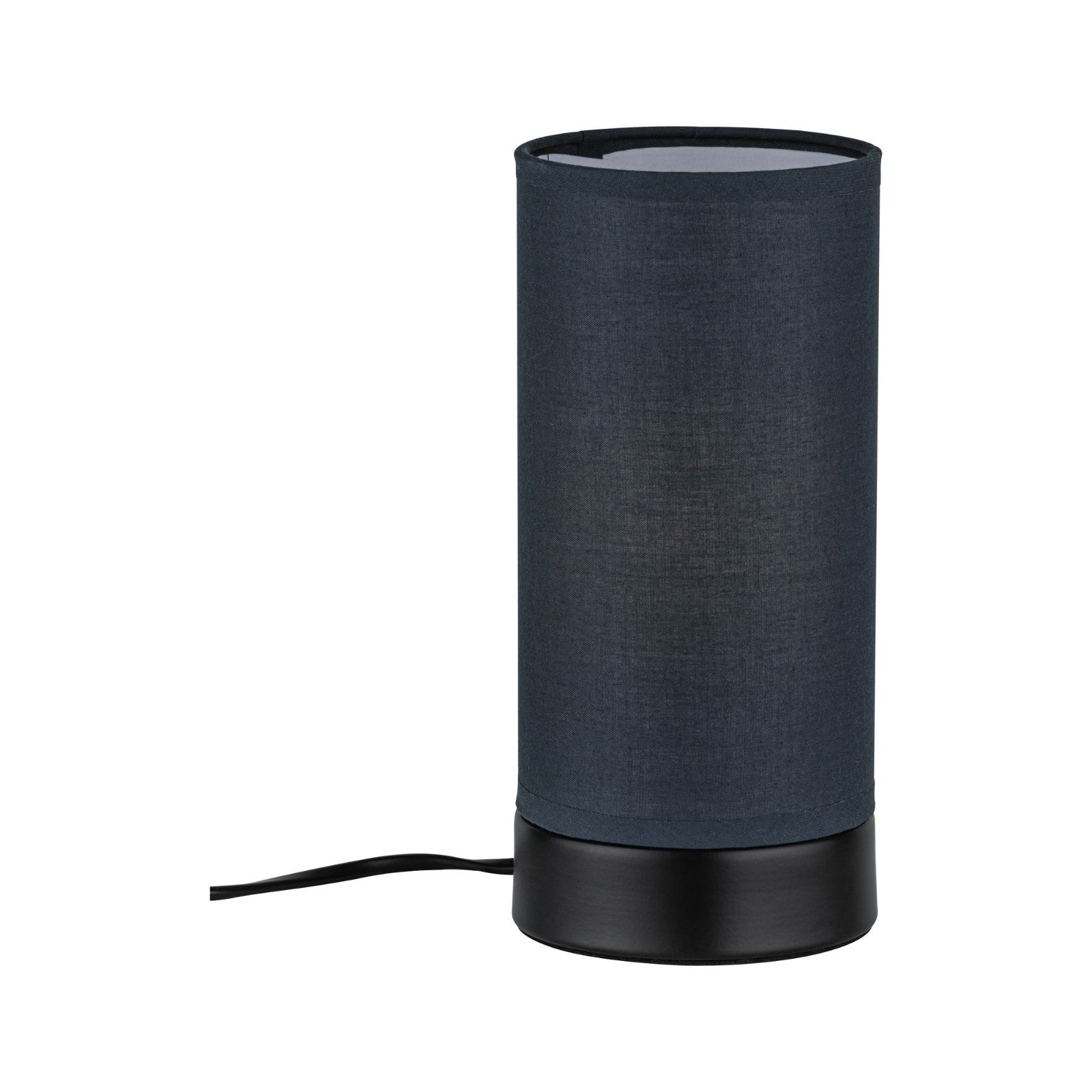 Lampada cilindrica blu scuro con base nera e cavo nero.