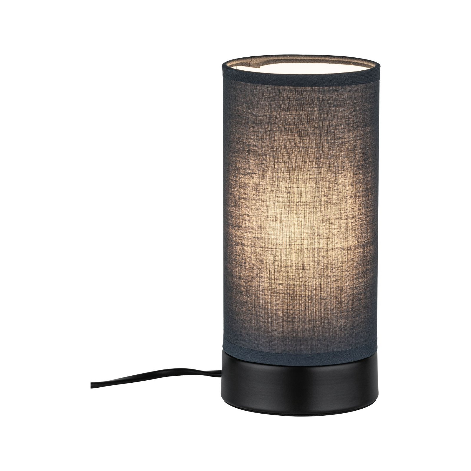 Una lampada da tavolo cilindrica blu scuro con base nera, cavo e luce brillante.