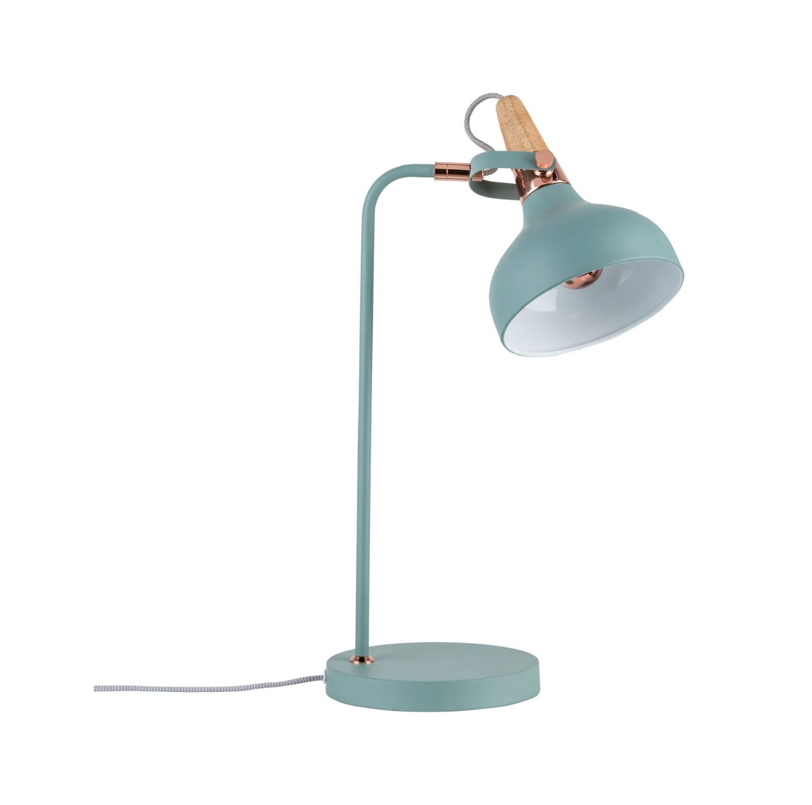 Lampada da scrivania verde con braccio e base in rame. Sfondo bianco.