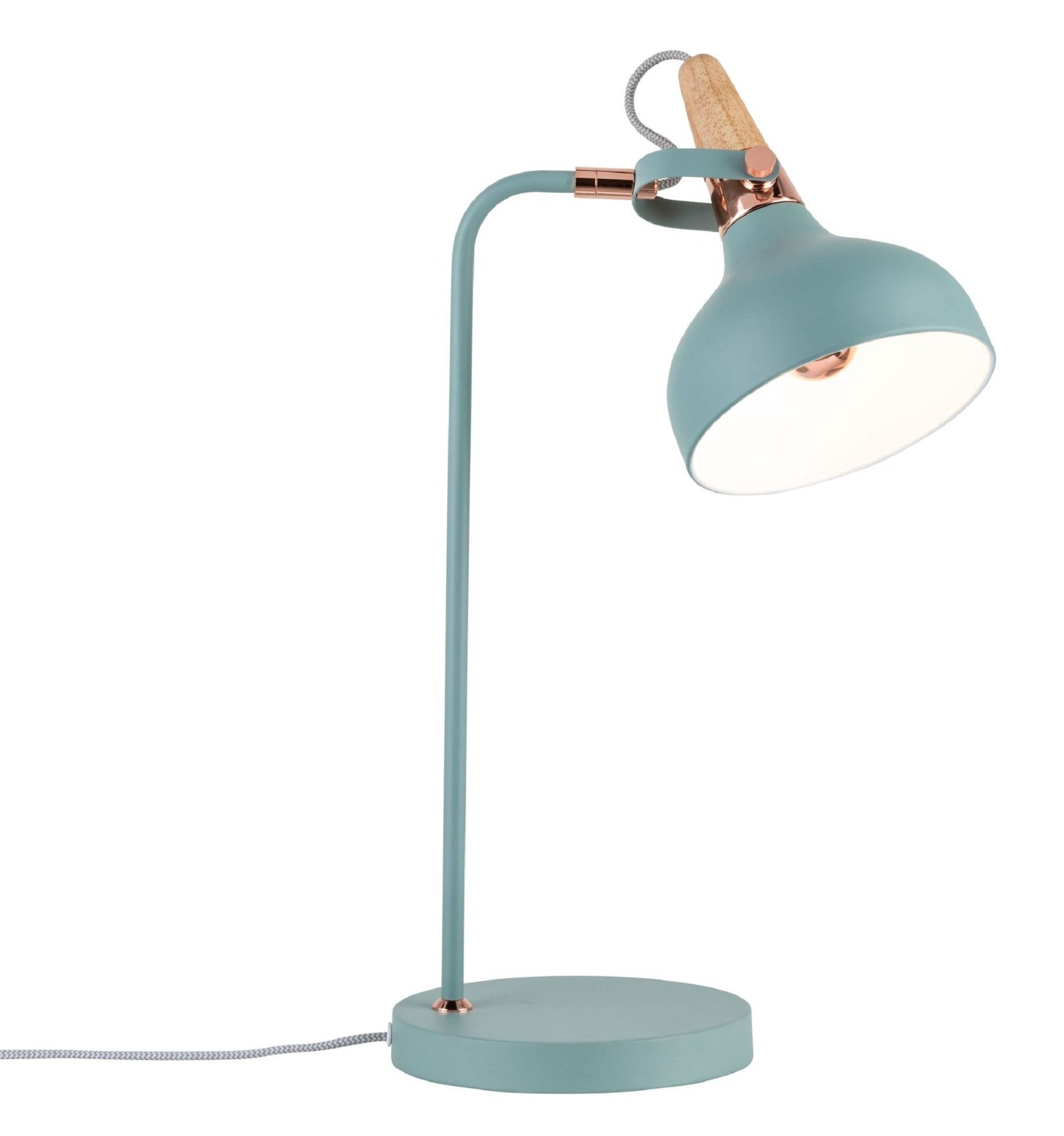 Una lampada da scrivania verde e blu con un accento in legno chiaro e sfondo bianco.