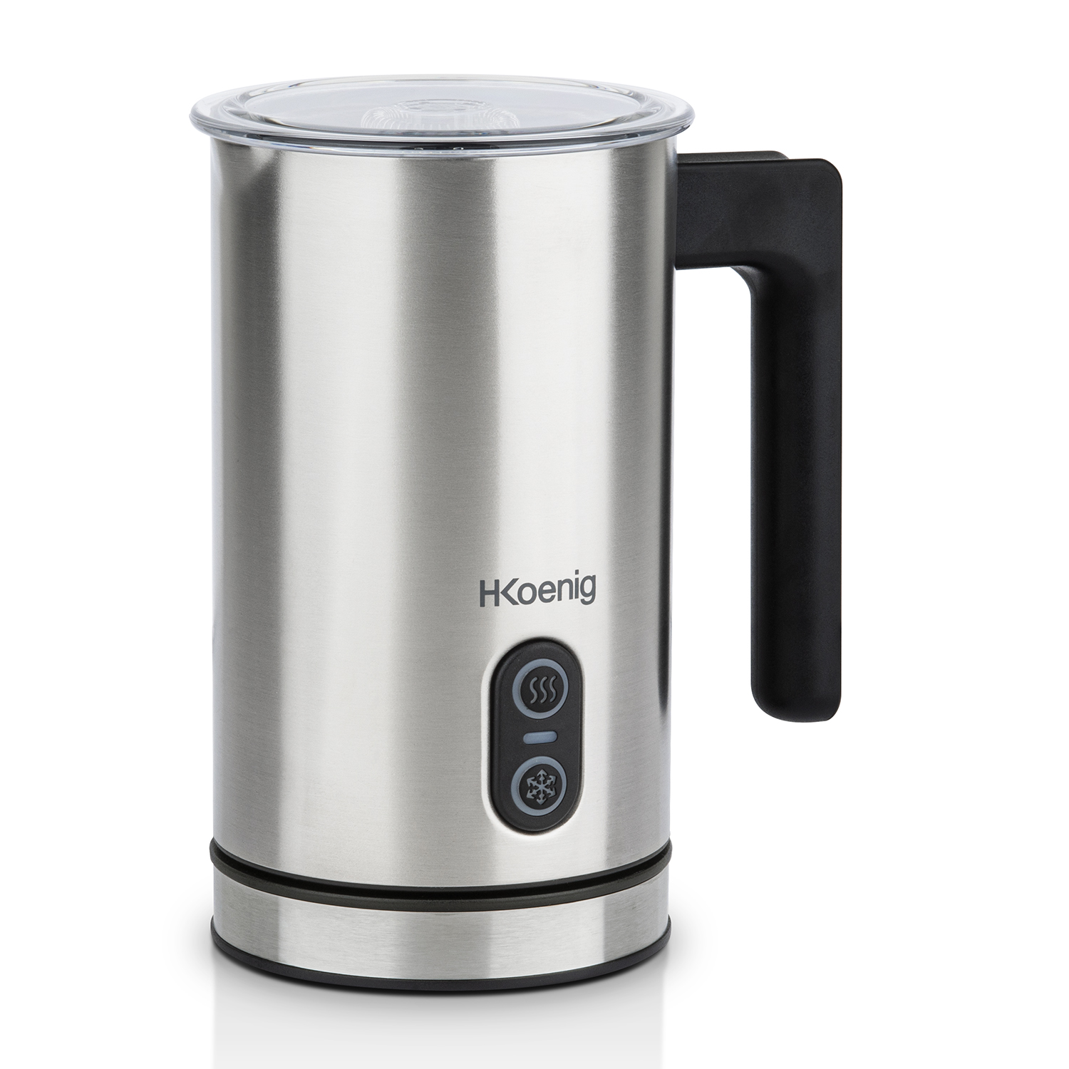 Spieniacz do mleka ze stali nierdzewnej, czarny uchwyt i przyciski.