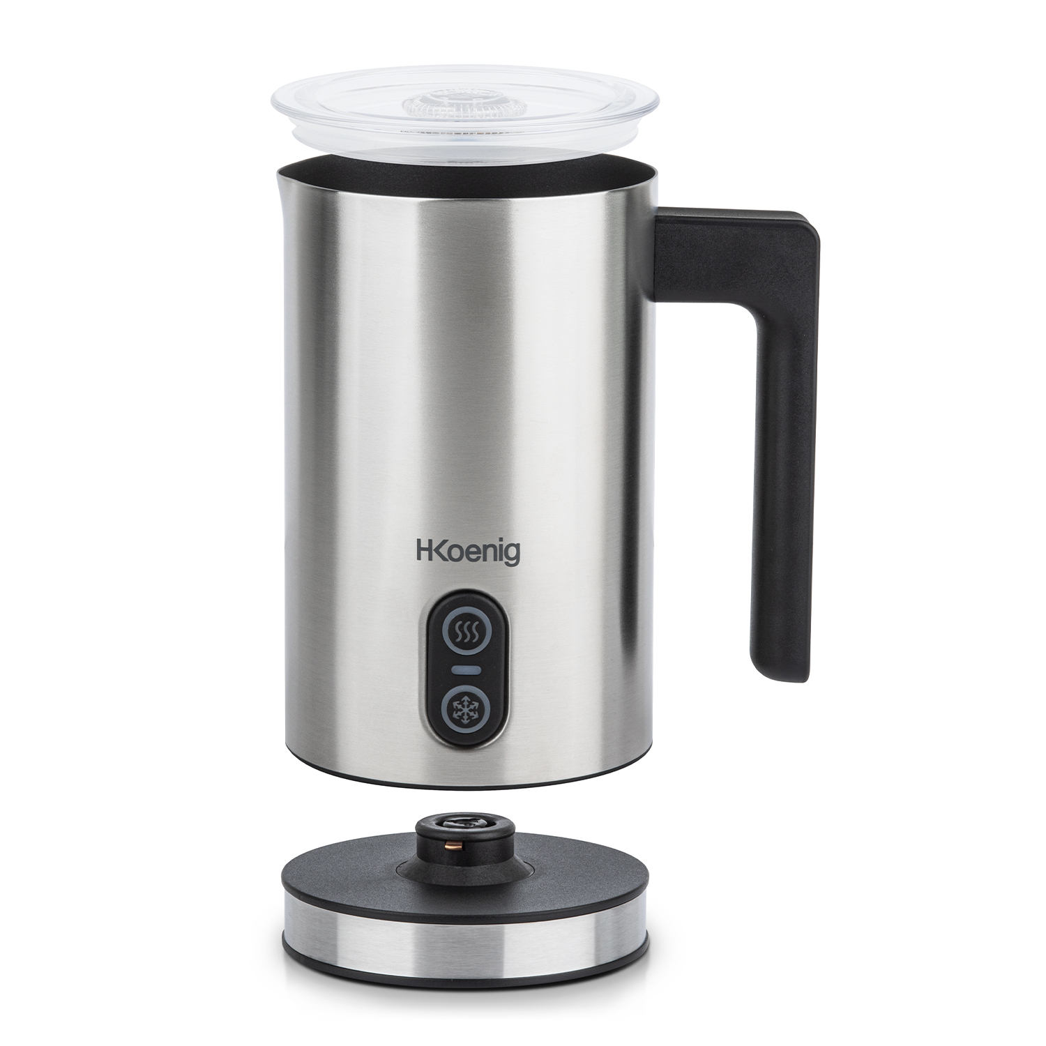 Spieniacz do mleka ze stali nierdzewnej z pokrywką, czarnym uchwytem i przyciskami sterowania. Podstawa oddzielona.