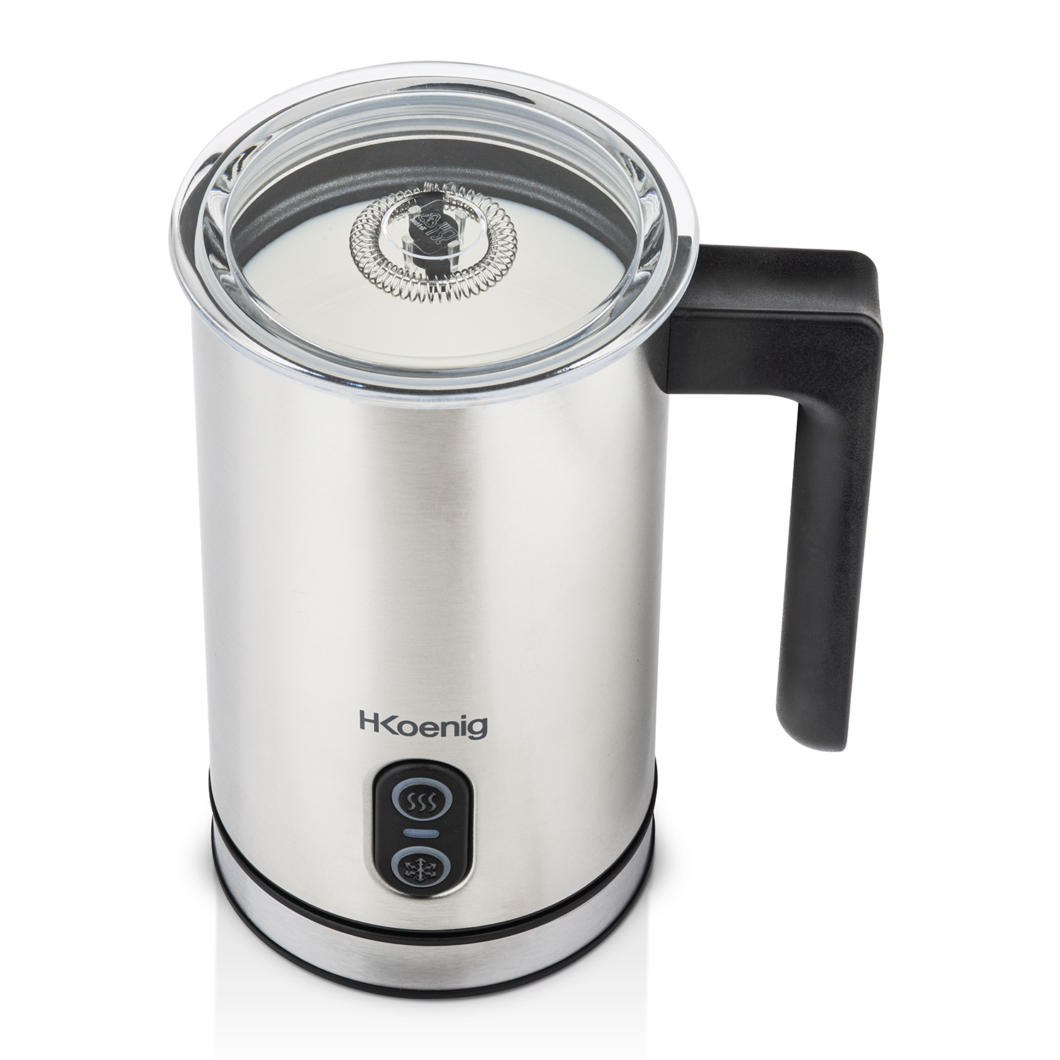 Srebrny spieniacz do mleka z uchwytem i przezroczystą pokrywką. Białe tło.