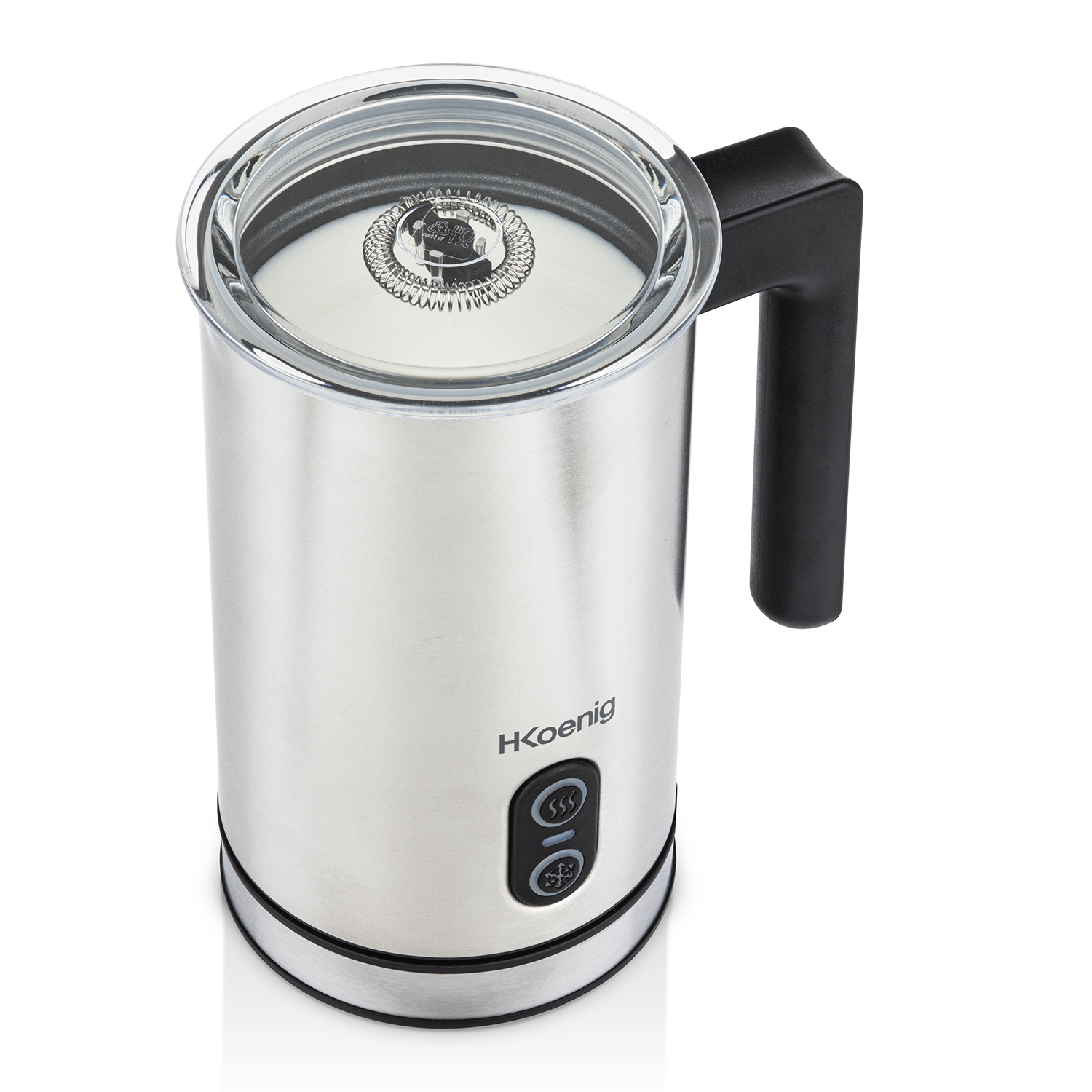 Spieniacz do mleka ze stali nierdzewnej z czarnym uchwytem i przezroczystą pokrywką. Białe tło.