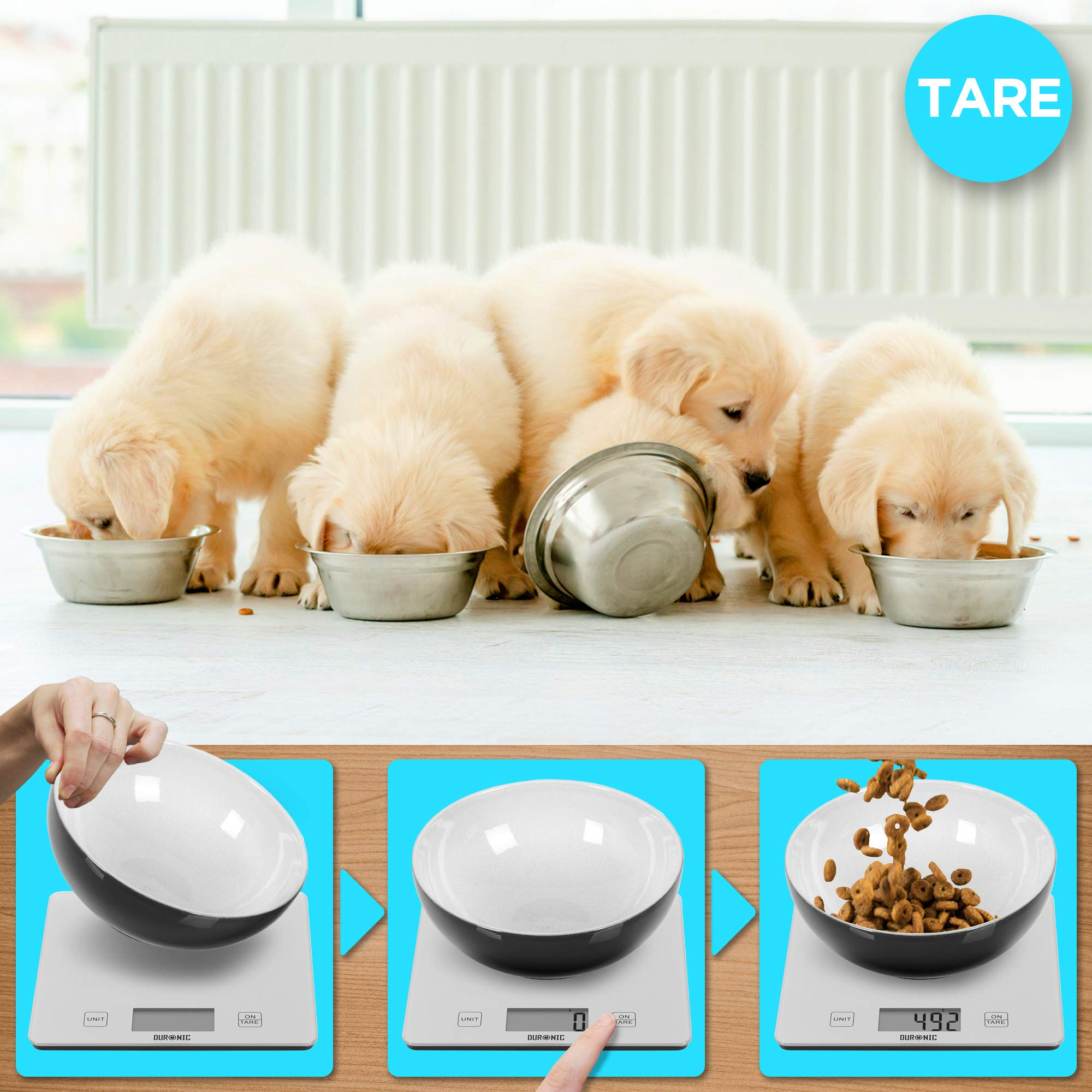 Cachorros Golden Retriever comiendo de cuencos; báscula muestra cuenco, cero, luego comida.
