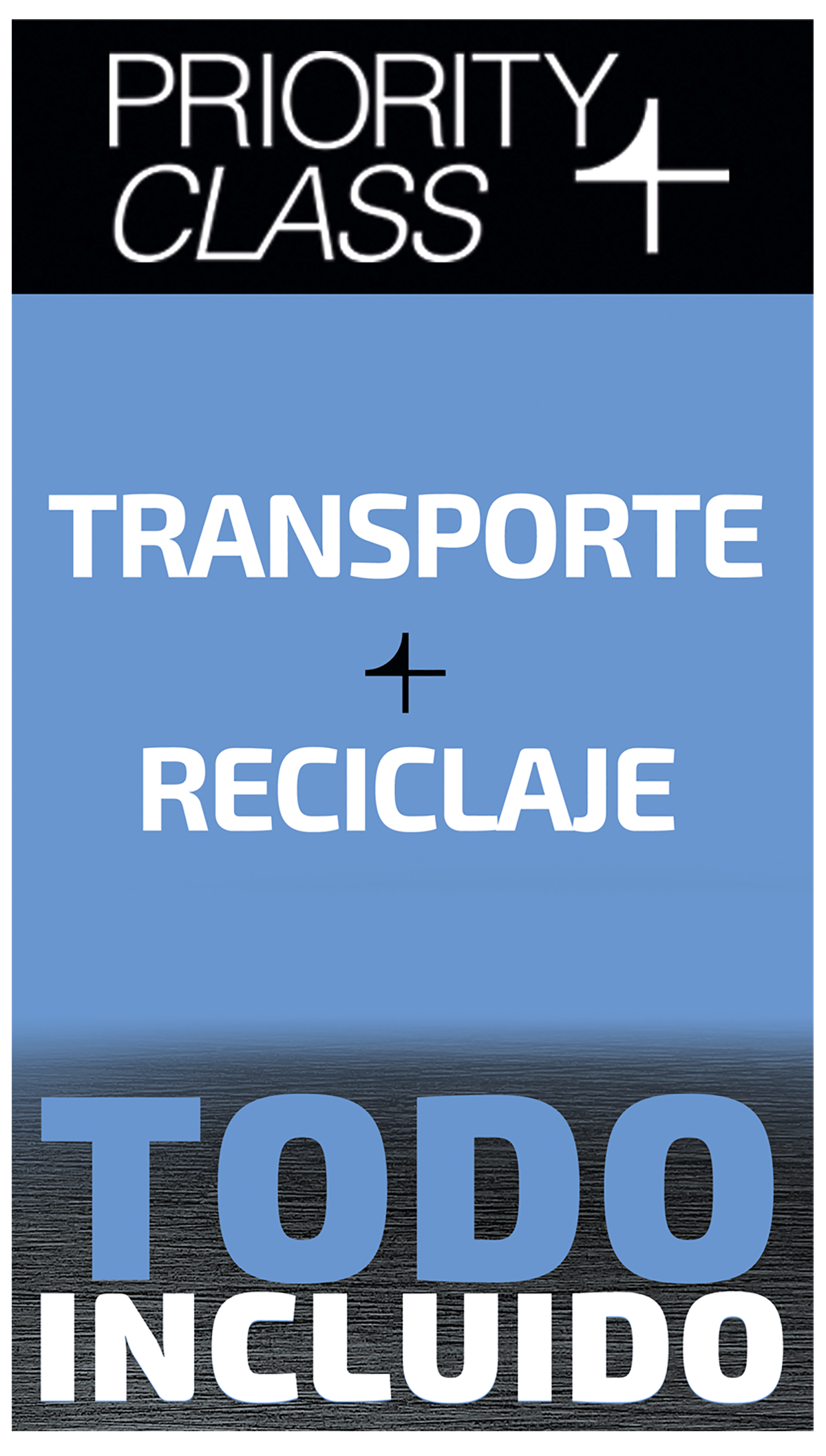Un gráfico azul y blanco con texto en español: Transporte + Reciclaje, Todo Incluido.