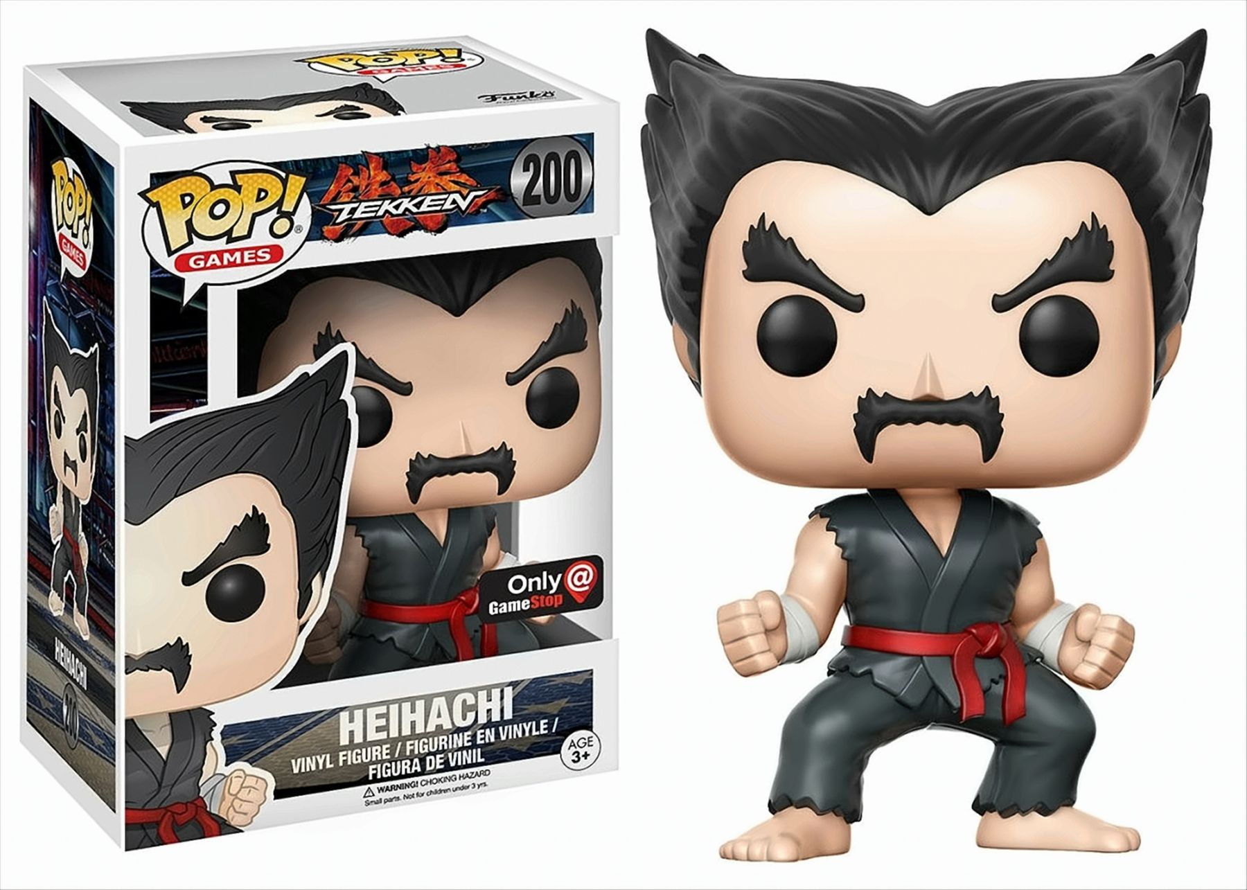 Figurka Funko Pop Heihachi i pudełko. Ma czarne włosy, wąsy i czarny strój. Pudełko pokazuje figurkę.