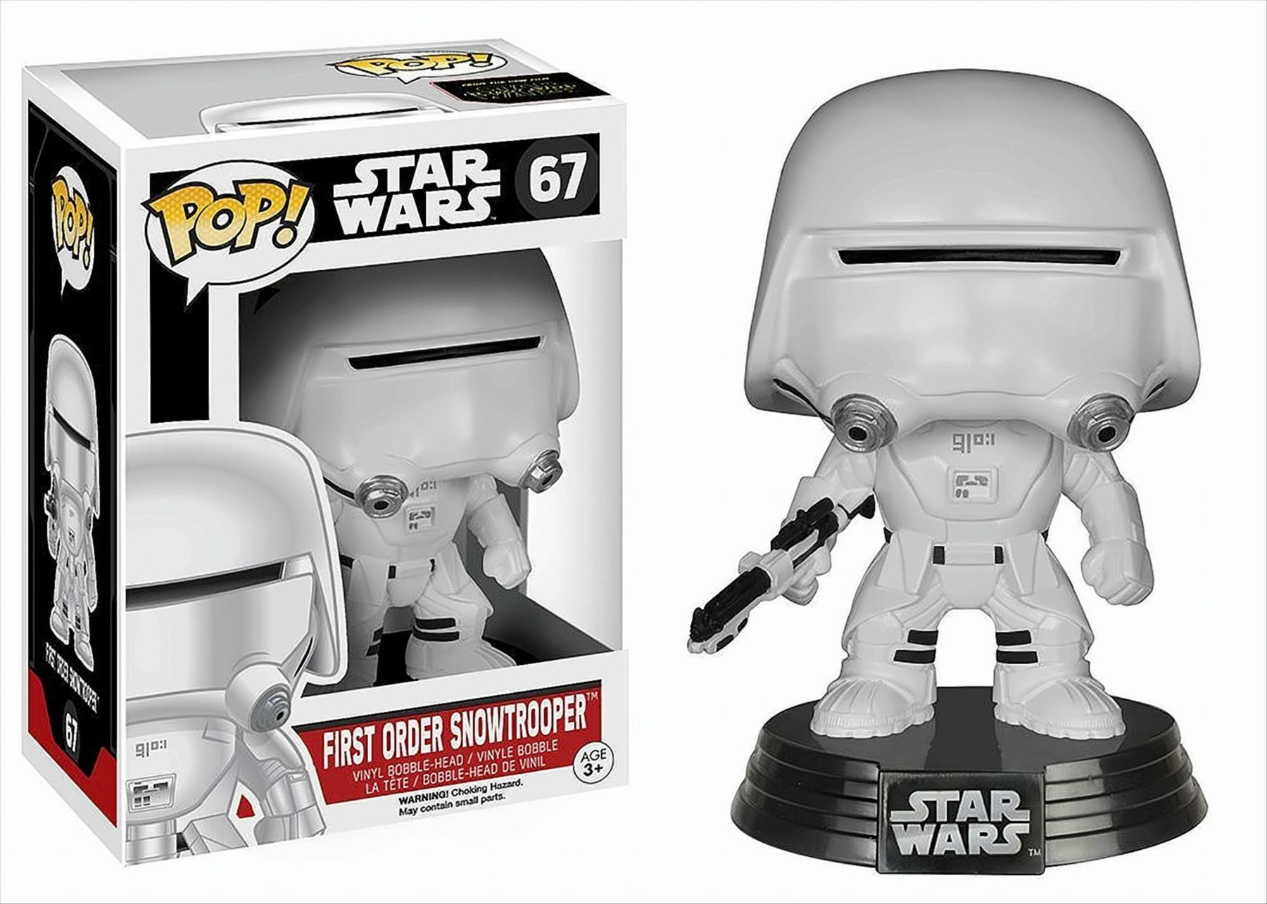 Eine First Order Snowtrooper Figur in einer Box und stehend, weiß, mit Blaster gezeigt.