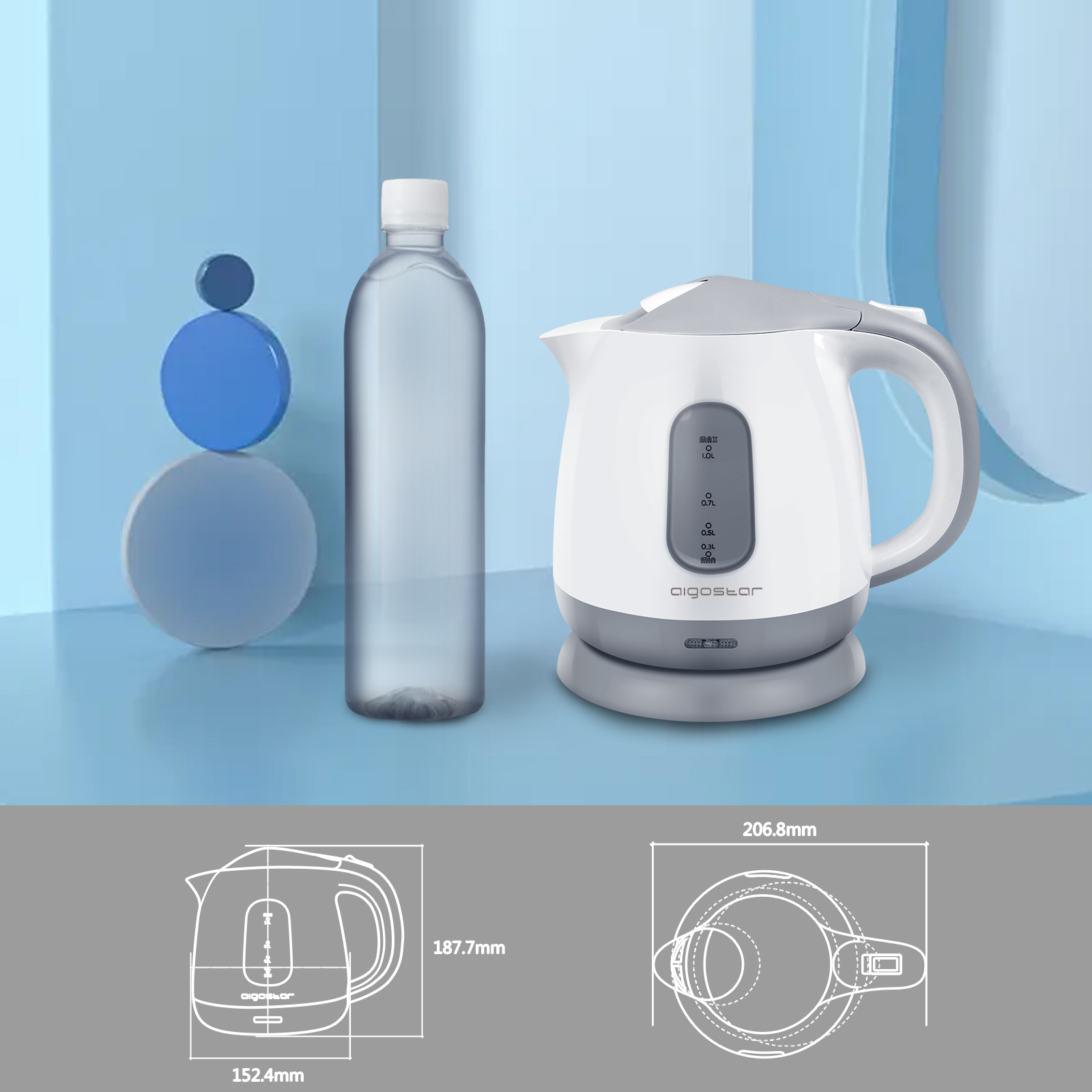 Weißer und grauer Wasserkocher. Eine Wasserflasche und blaue Kreise daneben.