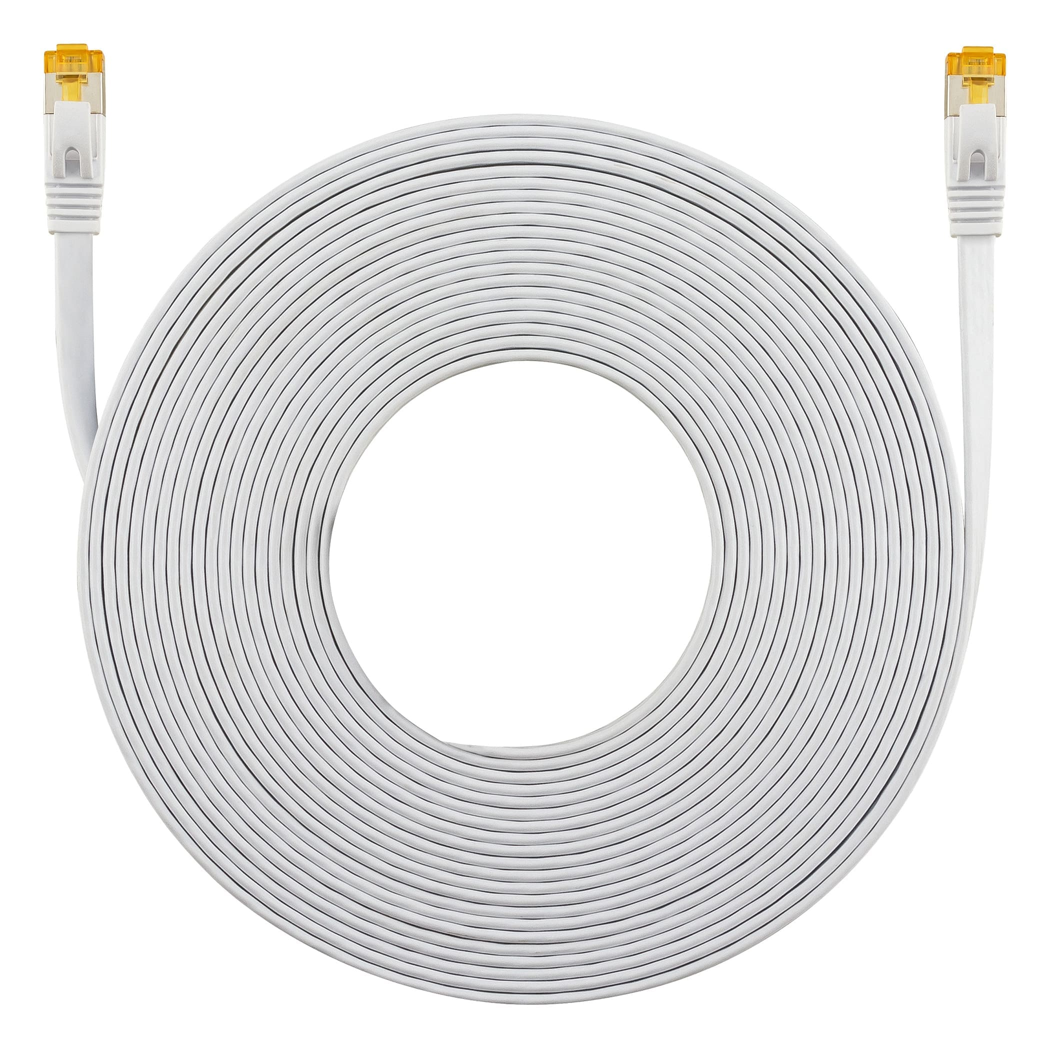 Ein weißes, gewickeltes, flaches Ethernet-Kabel mit gelben Steckern an jedem Ende.