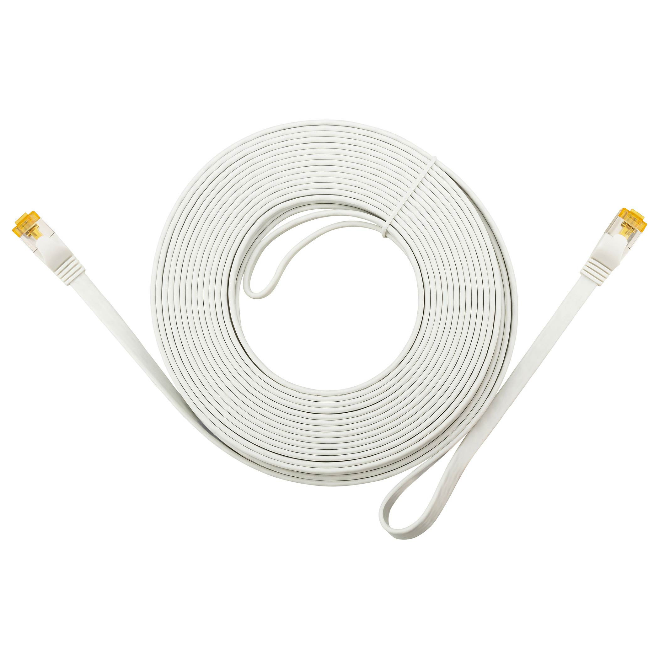 Weißes Ethernet-Kabel mit gelben Steckern. Kabel ist aufgerollt. Stecker sind an jedem Ende.