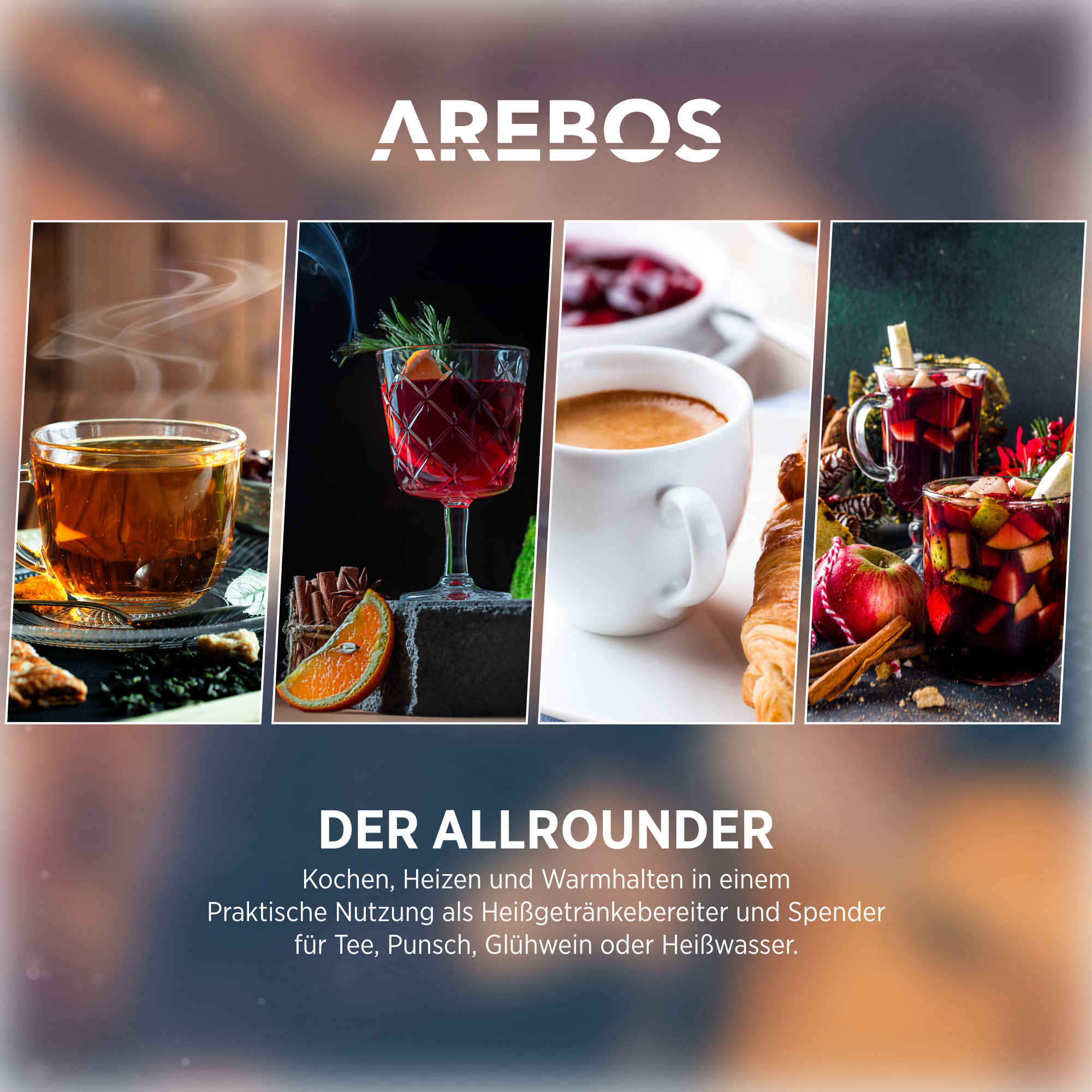 Werbung mit vier Bildern von Getränken und Text, die die Vielseitigkeit des Produkts zeigt.