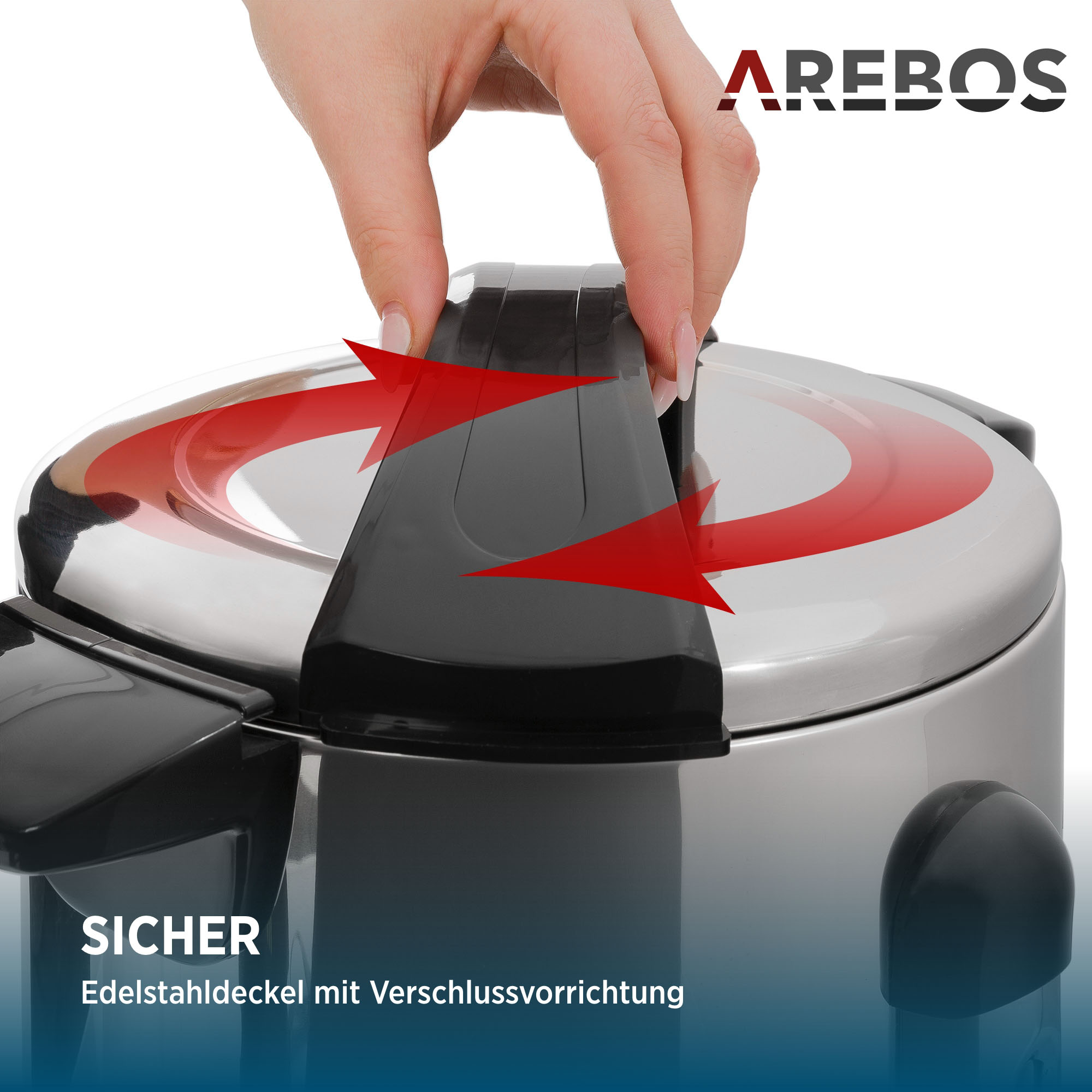 Nahaufnahme eines Schnellkochtopfs, Hand öffnet Deckel, mit Text und Pfeilen.