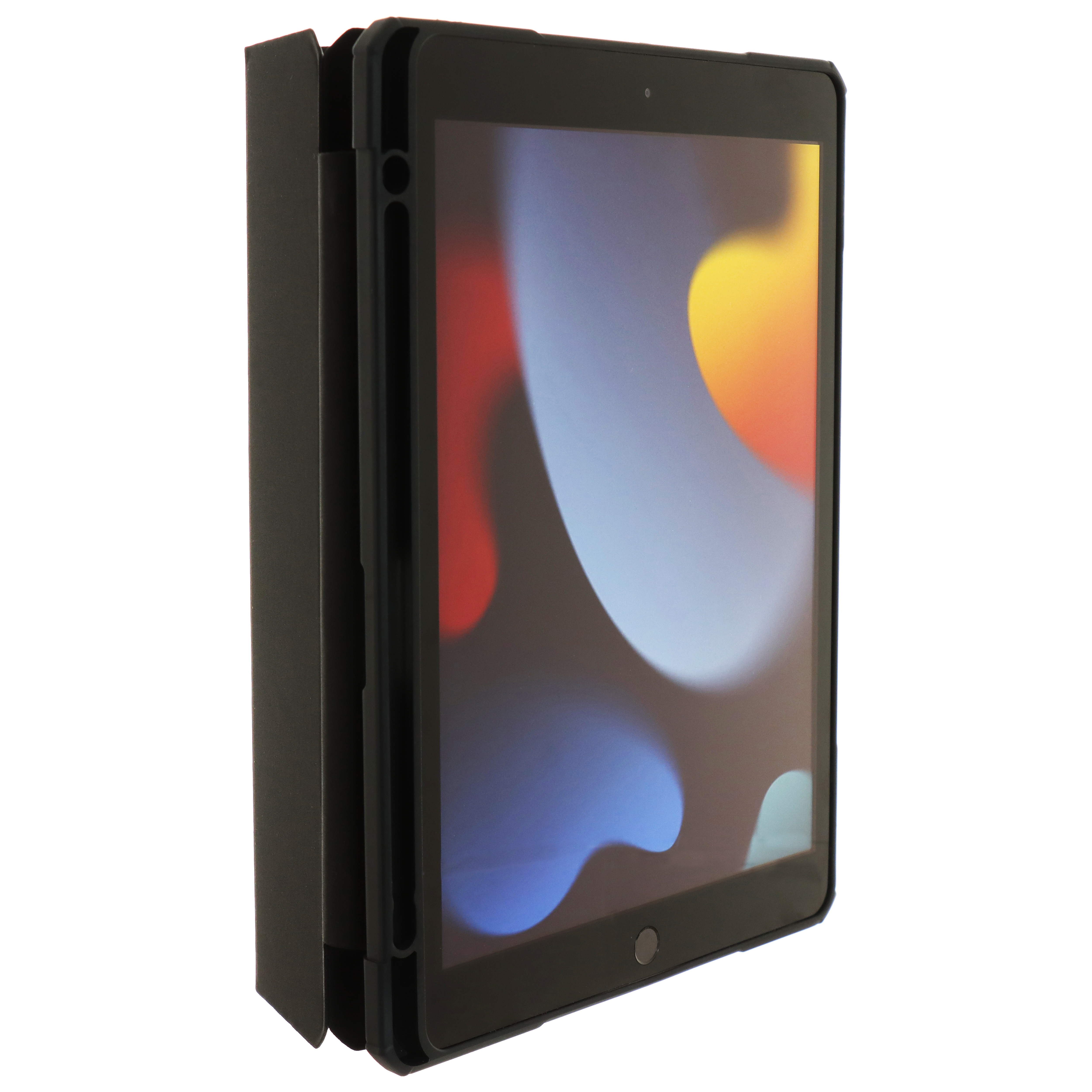 Ein schwarzes Tablet in einem schwarzen Gehäuse. Das Gehäuse ist teilweise geöffnet.