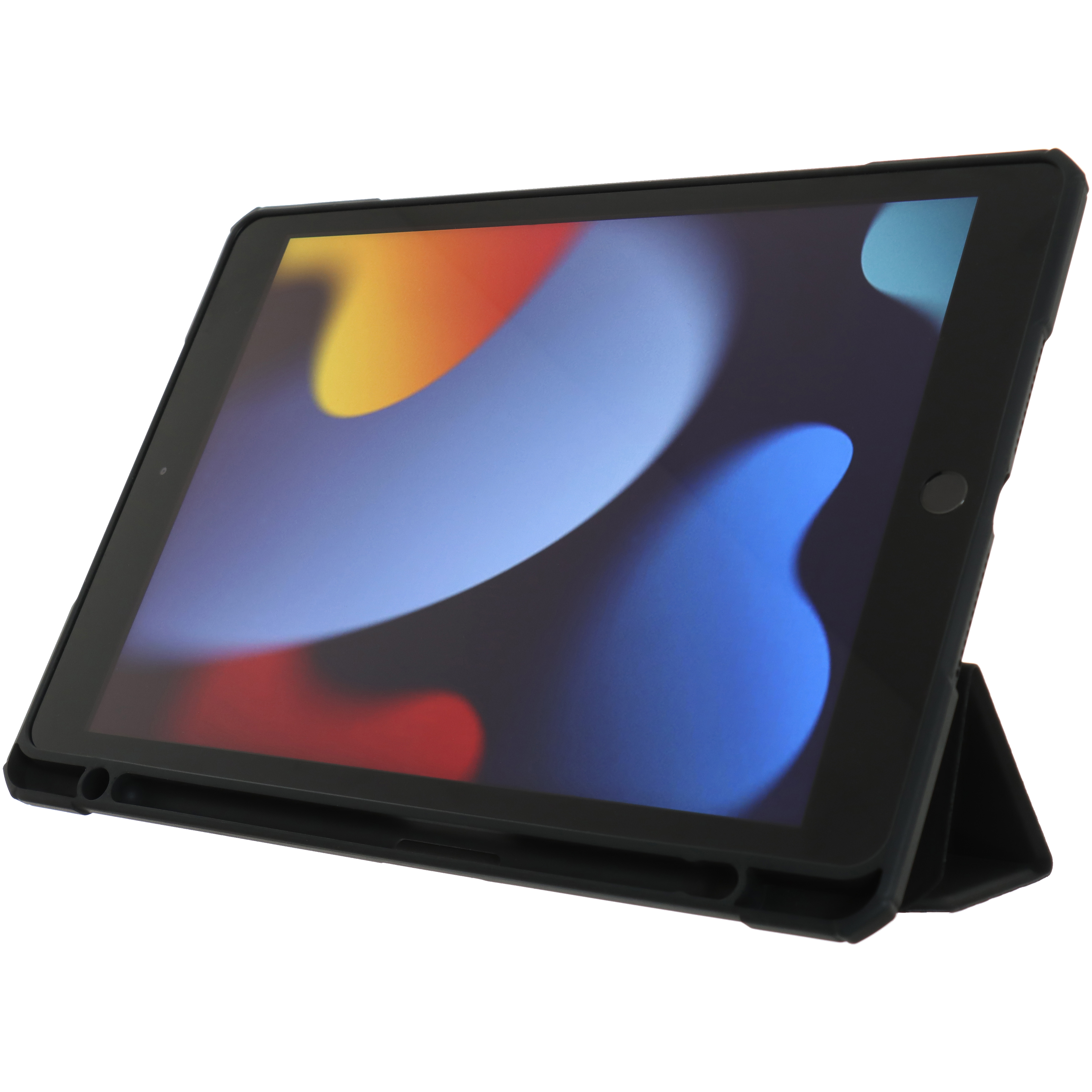 Schwarzes Tablet in einer schwarzen Schutzhülle, Bildschirm nach vorne gerichtet.