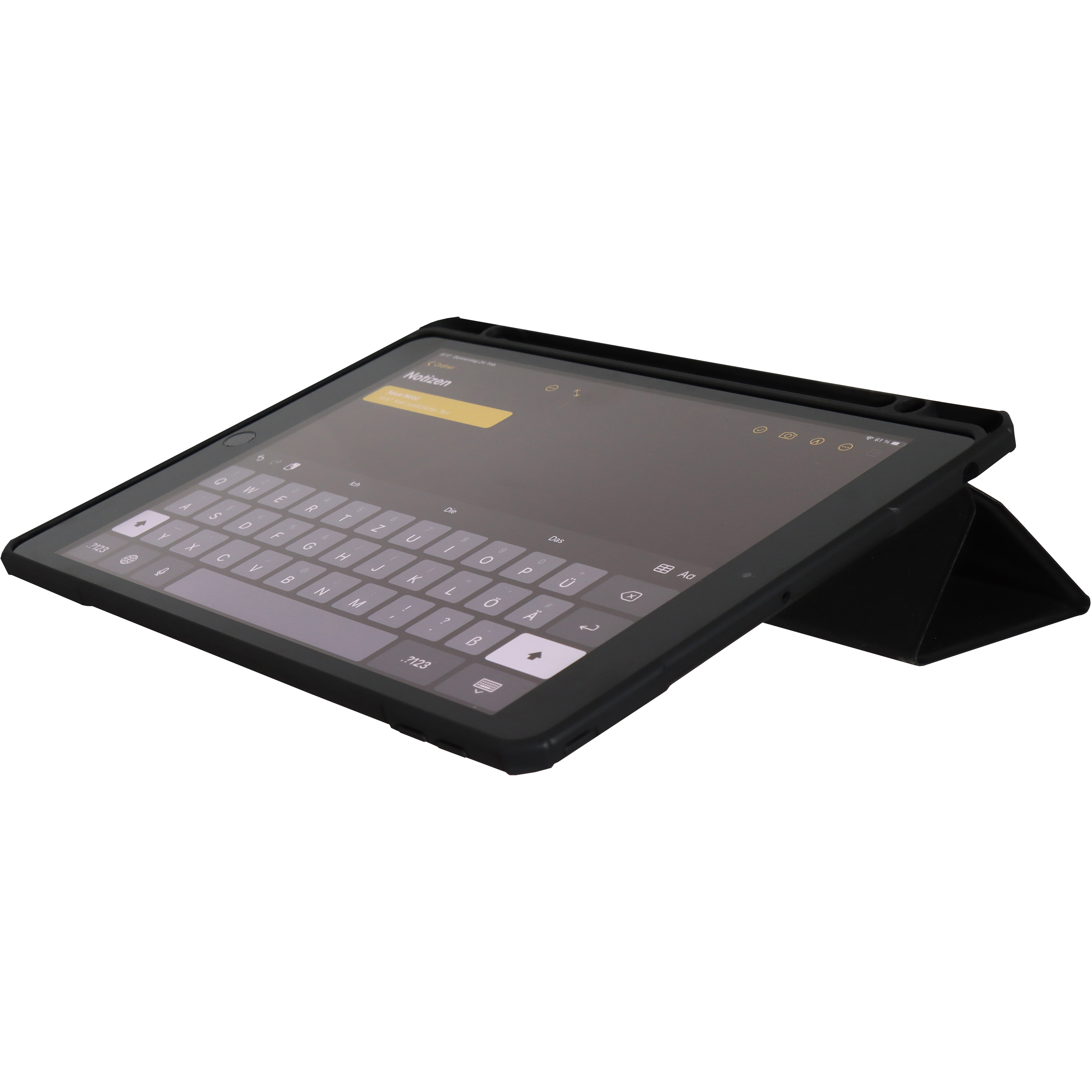 Ein schwarzes Tablet mit geöffneter Tastaturhülle, das eine Notizen-App auf dem Bildschirm anzeigt.