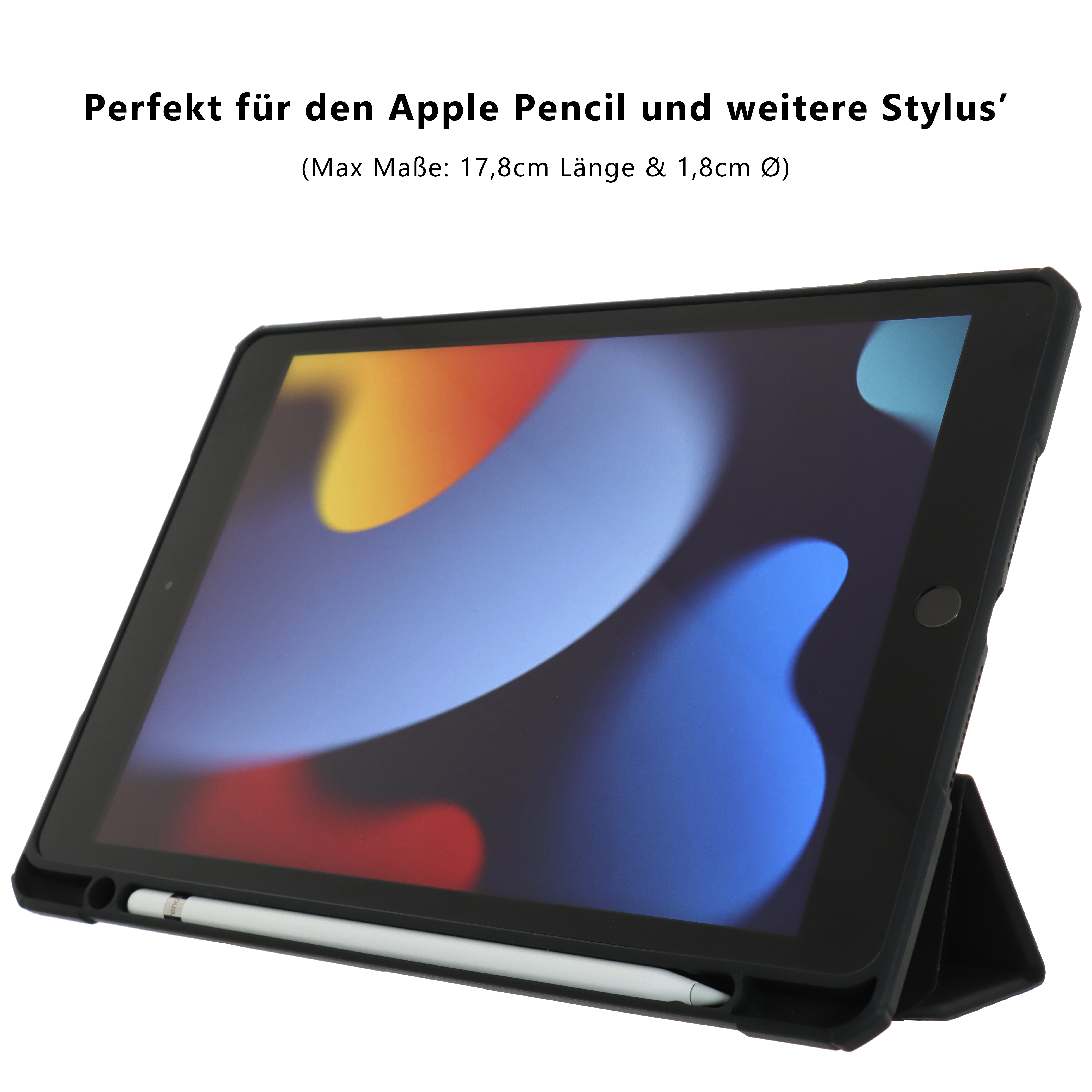 iPad in schwarzer Hülle, weißer Stift im Halter. Text besagt, dass es für Stifte ist.