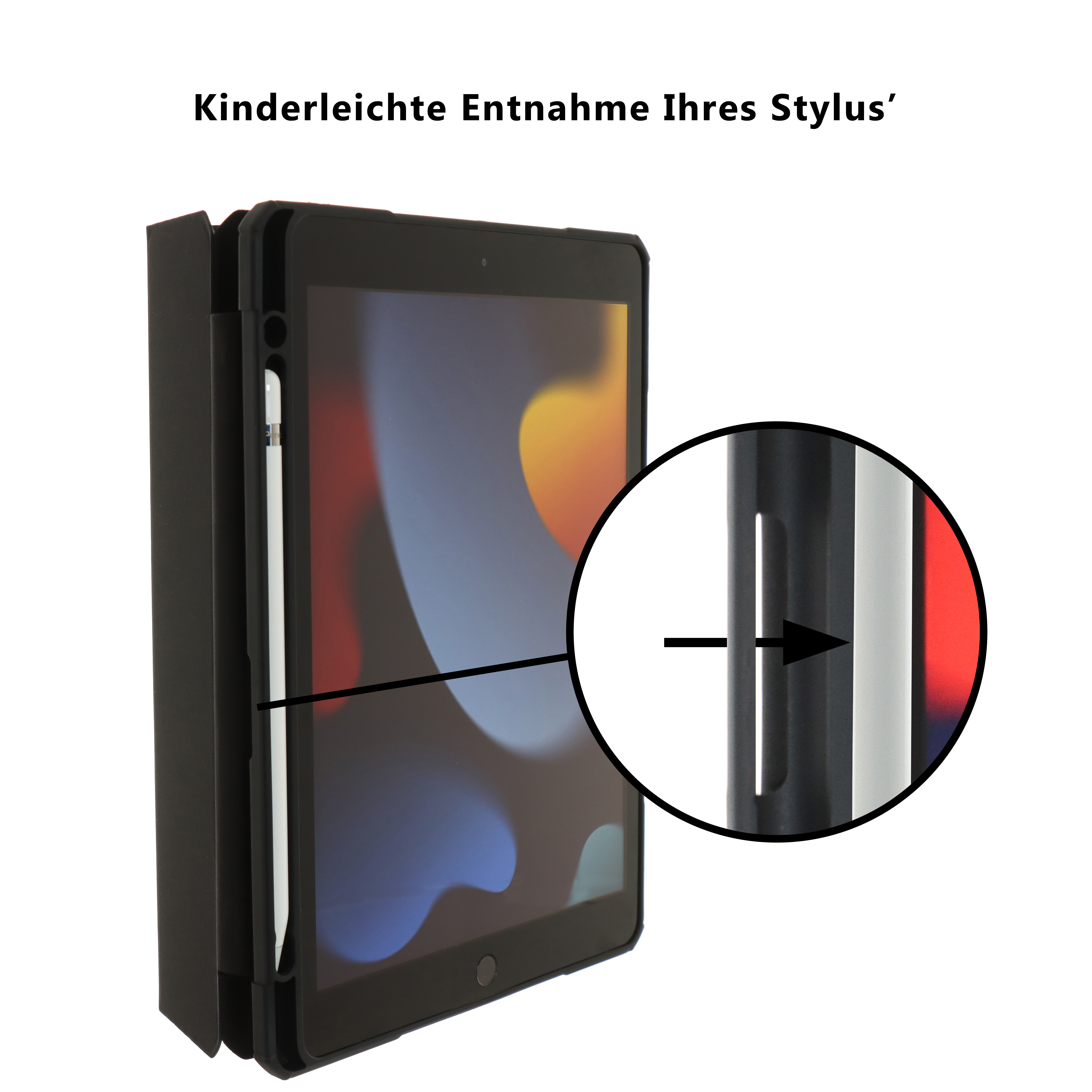 Ein iPad in einer schwarzen Hülle mit Stift. Nahaufnahme zeigt Details zur Stiftentfernung.