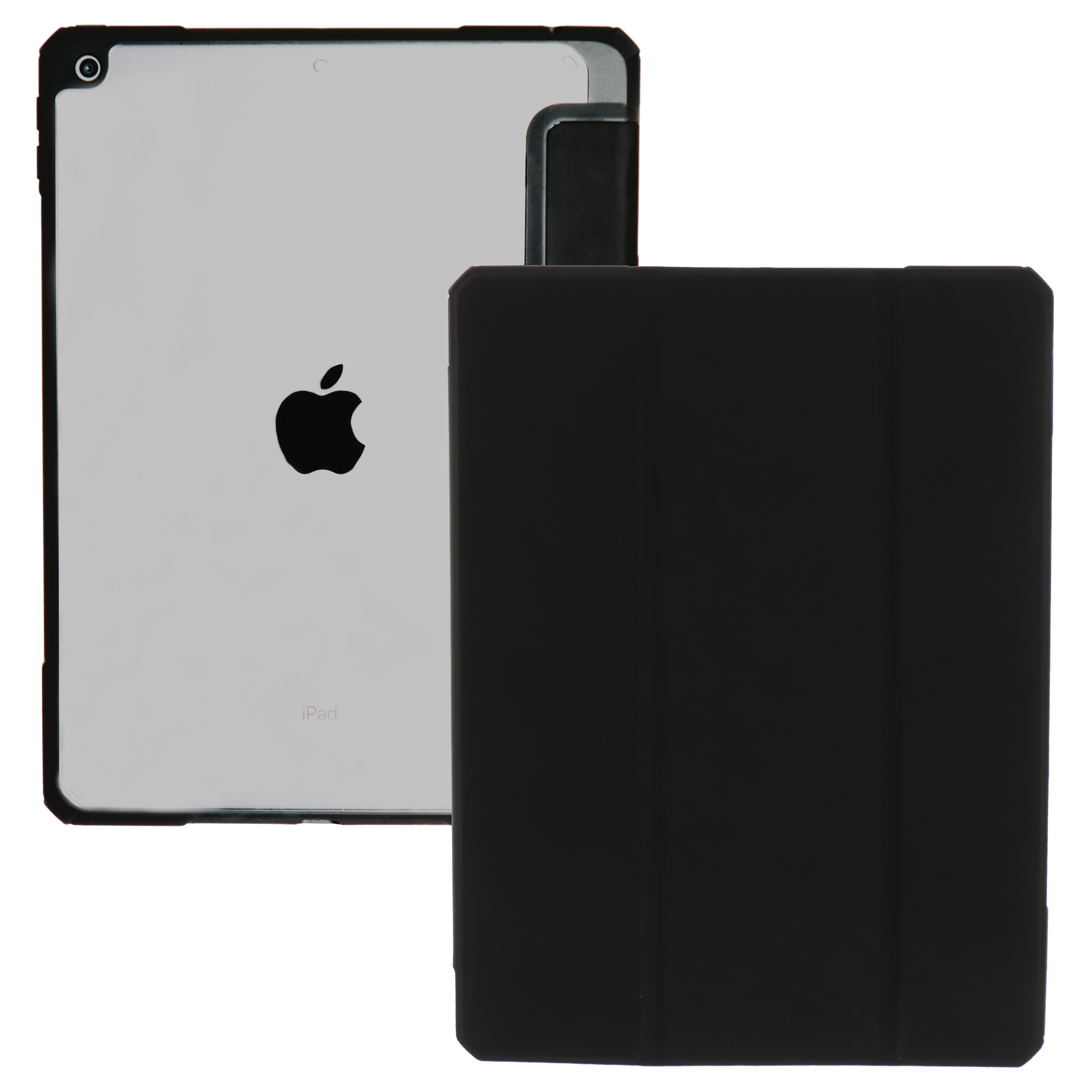 Ein iPad in einer schwarzen Hülle. Das iPad ist silberfarben, und das Apple-Logo ist sichtbar.