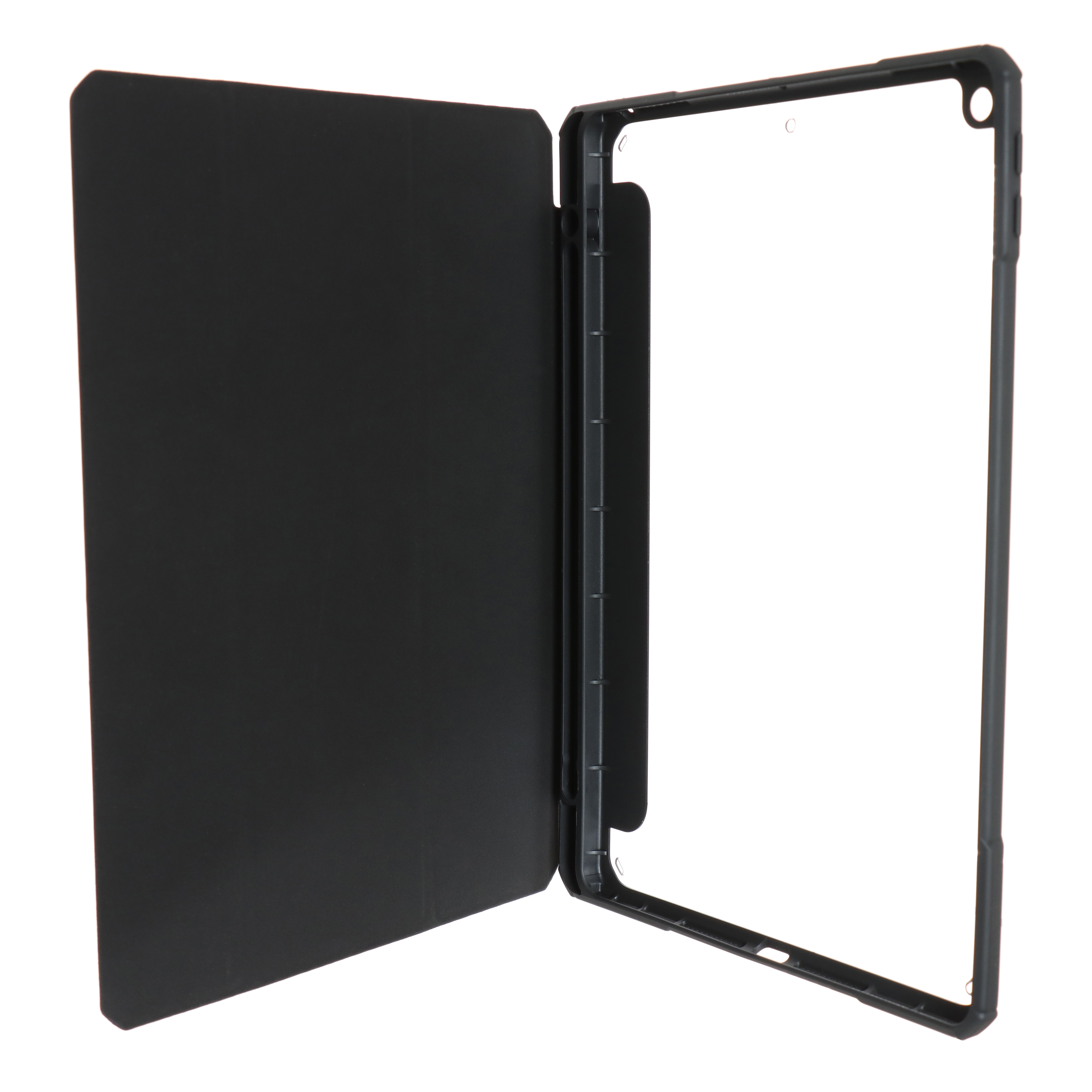 Schwarze offene Hülle für ein Tablet. Die Hülle ist offen und zeigt das Innere und den Bildschirmbereich des Tablets.