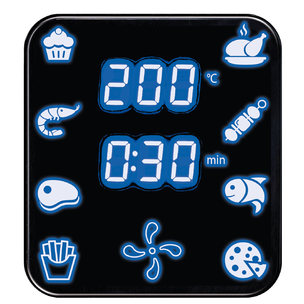 Pantalla digital negra de una freidora de aire que muestra la hora y la temperatura, junto con iconos de comida.