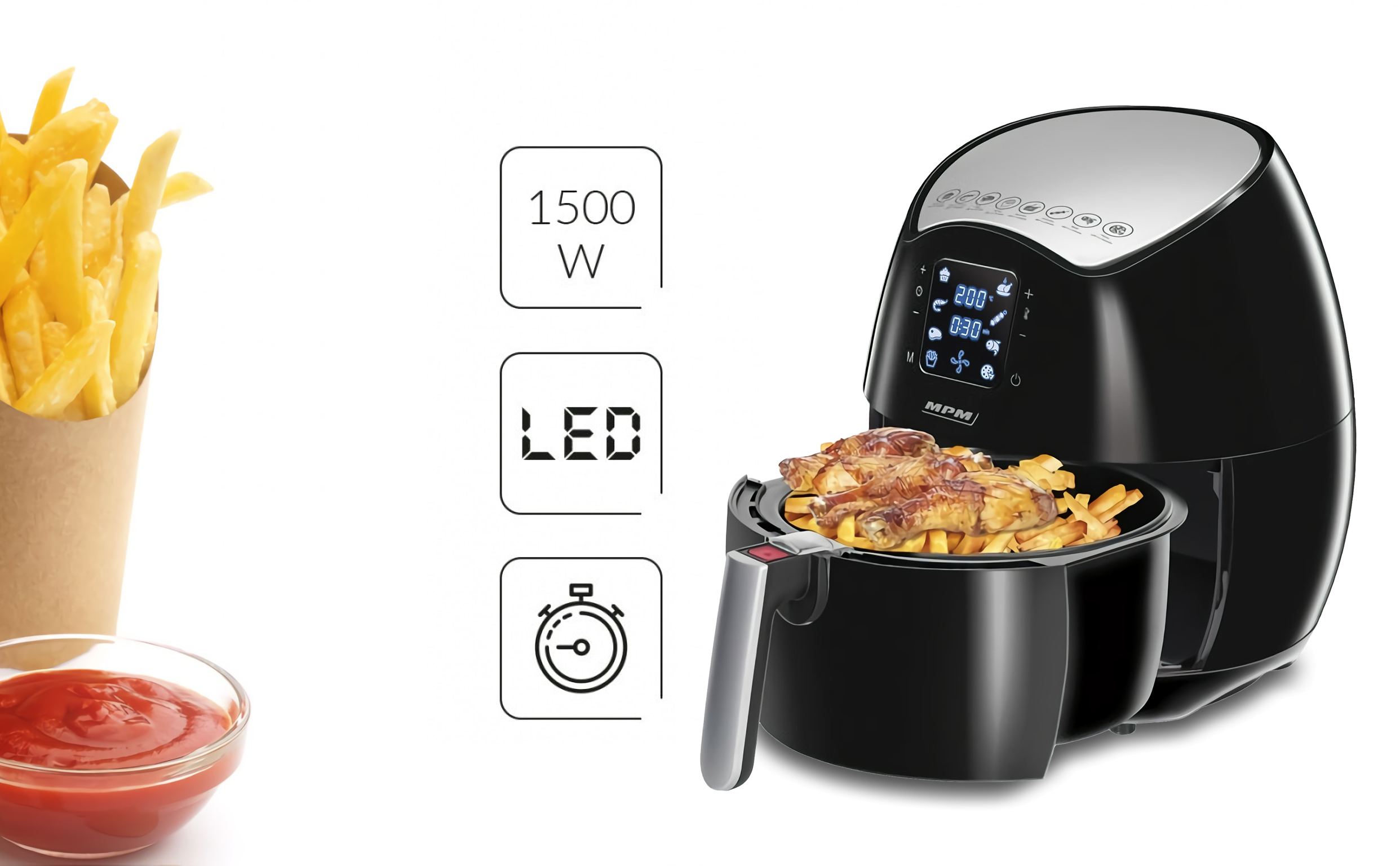 Freidora de aire negra con patatas fritas y pollo. Ketchup en un cuenco de vidrio. 1500W, LED e iconos de temporizador.