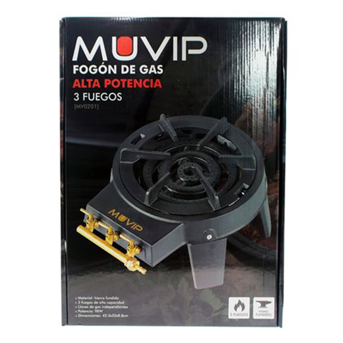Una caja negra con una estufa de gas dentro. La estufa tiene tres quemadores y está etiquetada como MUVIP.