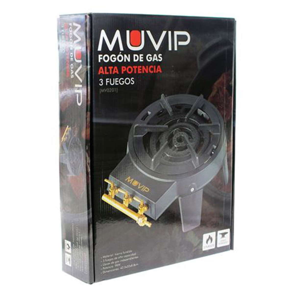 Caja de cocina de gas MUVIP, negra con tres quemadores, alta potencia y logo de gas.