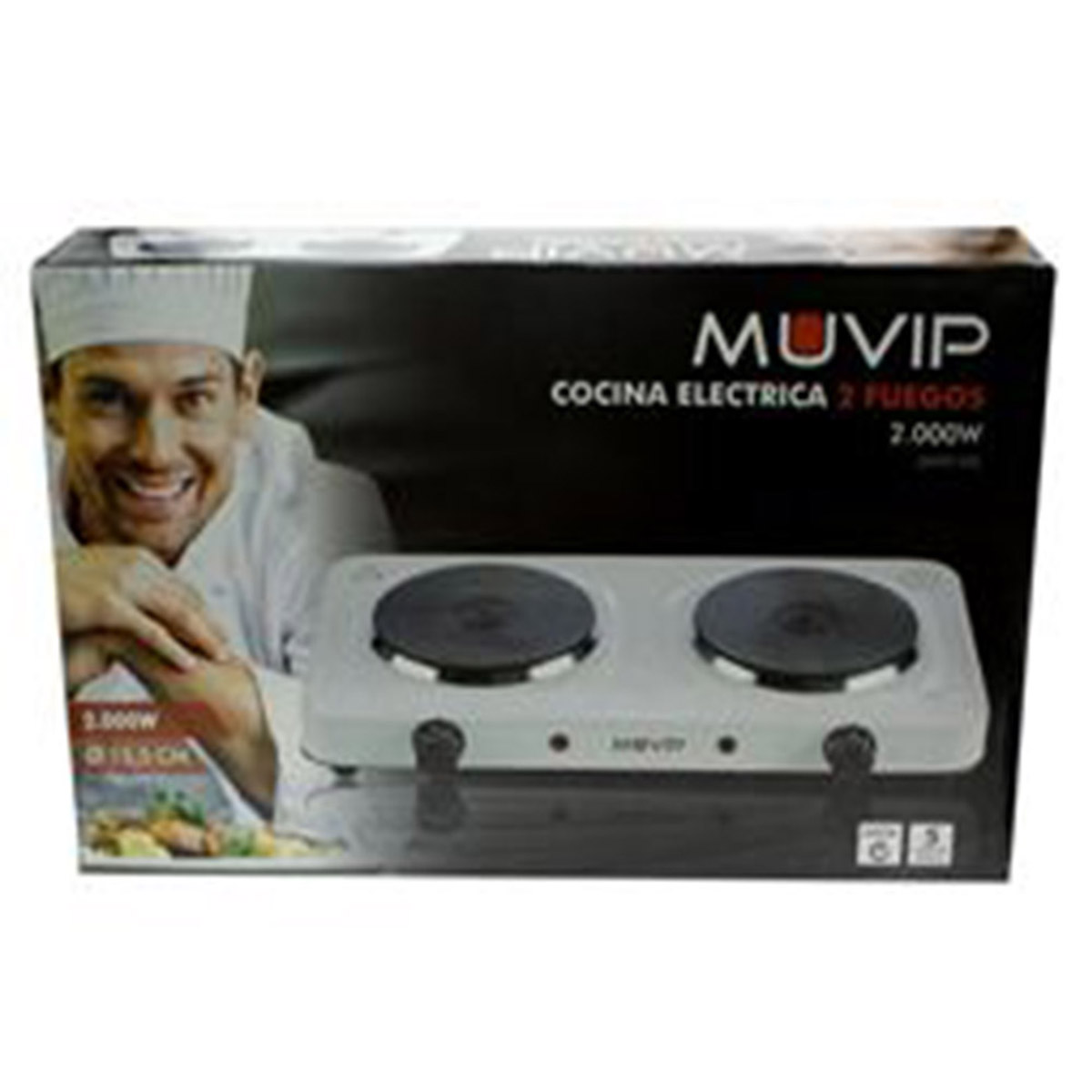 Una caja con un chef sonriente y una estufa eléctrica blanca con dos quemadores.