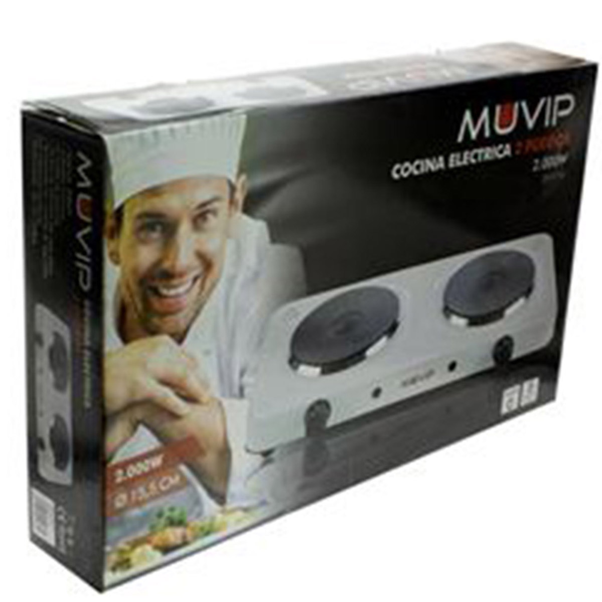 Una caja con un chef. La caja muestra una placa de cocción doble.
