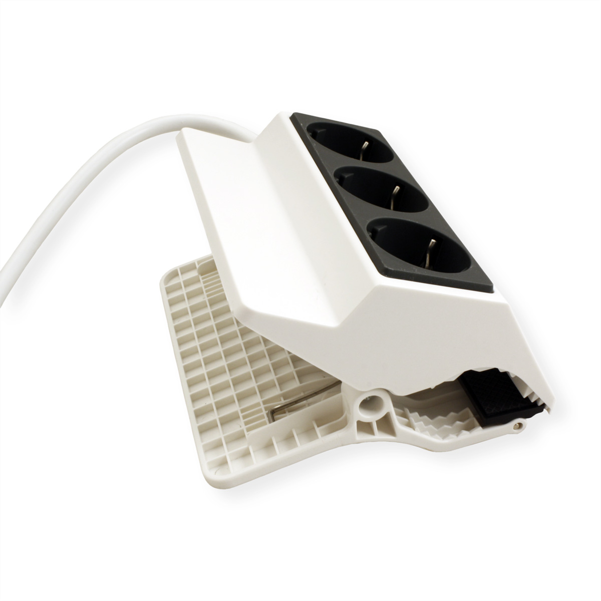 Biało-czarny przedłużacz z trzema gniazdami. Ma klips na spodzie.