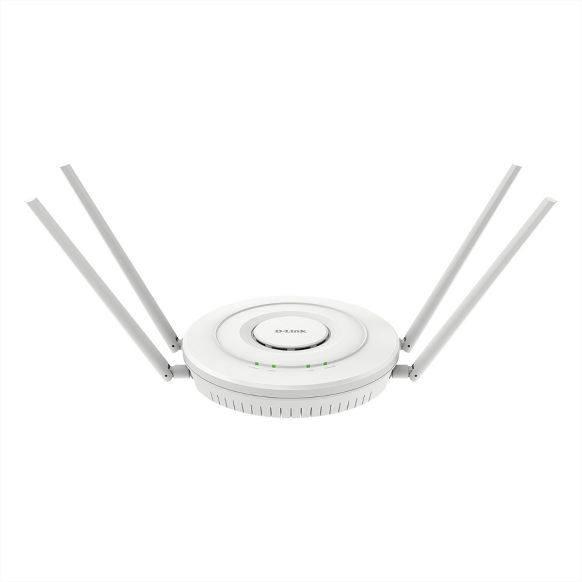Punto de acceso inalámbrico D-Link. Diseño blanco y circular con cuatro antenas que se extienden hacia arriba. Fondo blanco.