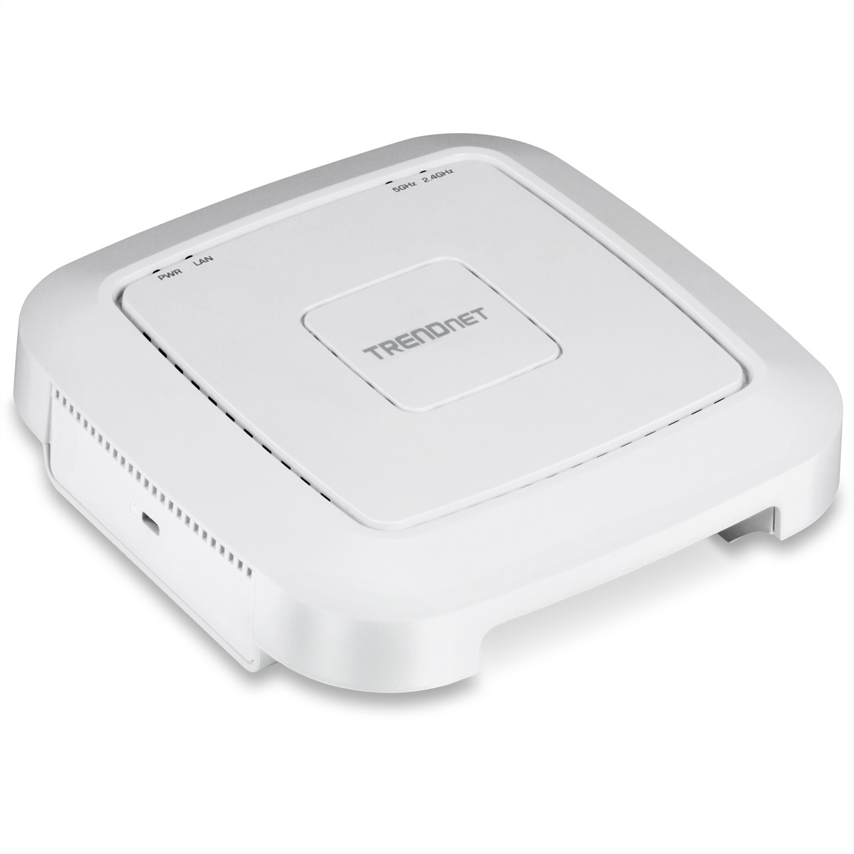 Witte TRENDnet access point op een witte ondergrond. Voorzien van een vierkante bovenkant met het bedrijfslogo.