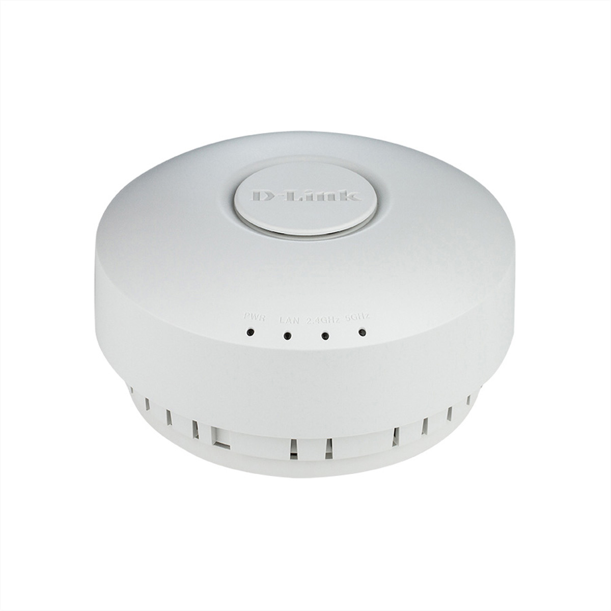 Access point D-Link bianco e rotondo. Ha spie luminose e il marchio in alto.