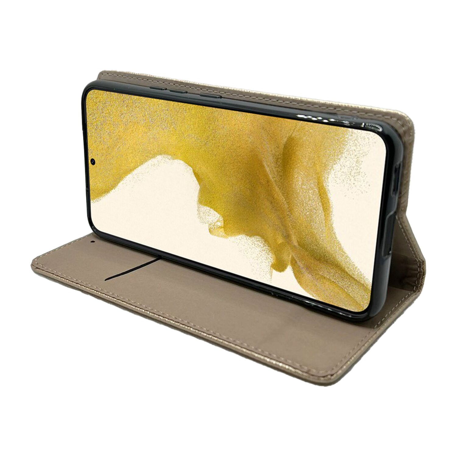 Smartphone in goldener Hülle, der Bildschirm ist an. Die Hülle ist offen und liegt flach.