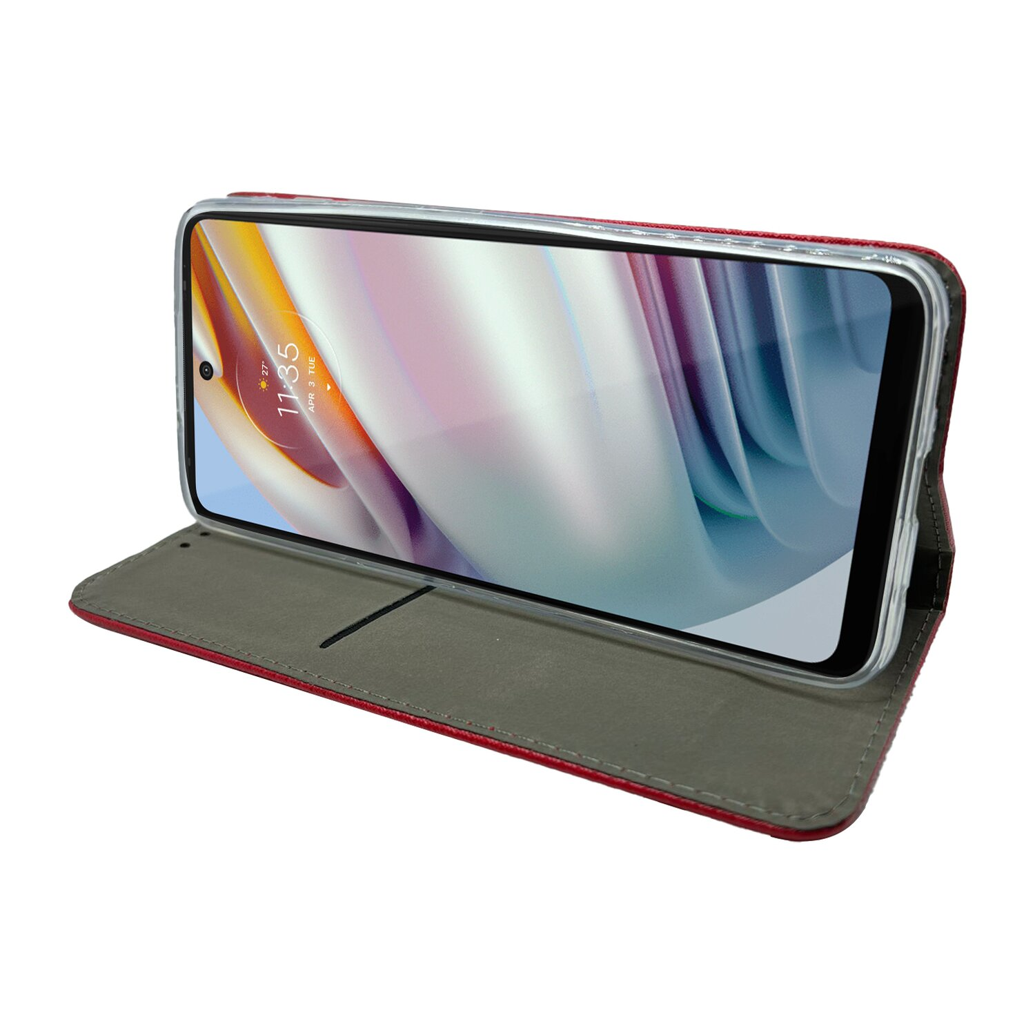 Ein Smartphone in einer rot-grauen Folio-Hülle, geöffnet und mit Bildschirm.
