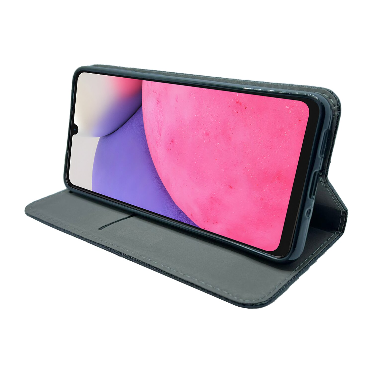 Ein blaues Telefon liegt auf einer grauen Hülle, offen. Der Telefonbildschirm zeigt ein rosa-lila Bild.
