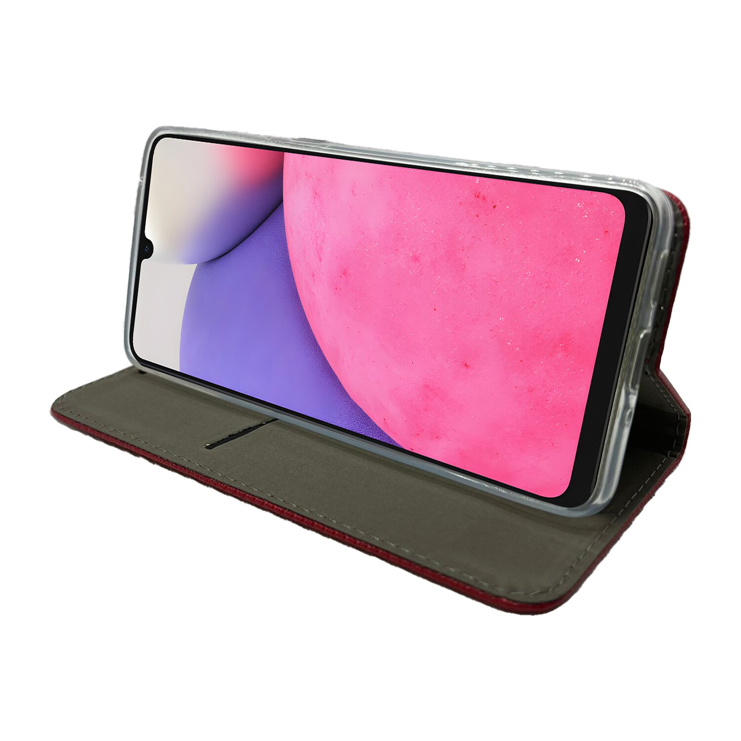 Geöffnete Handyhülle mit Smartphone darin. Der Bildschirm des Telefons ist sichtbar. Weißer Hintergrund.