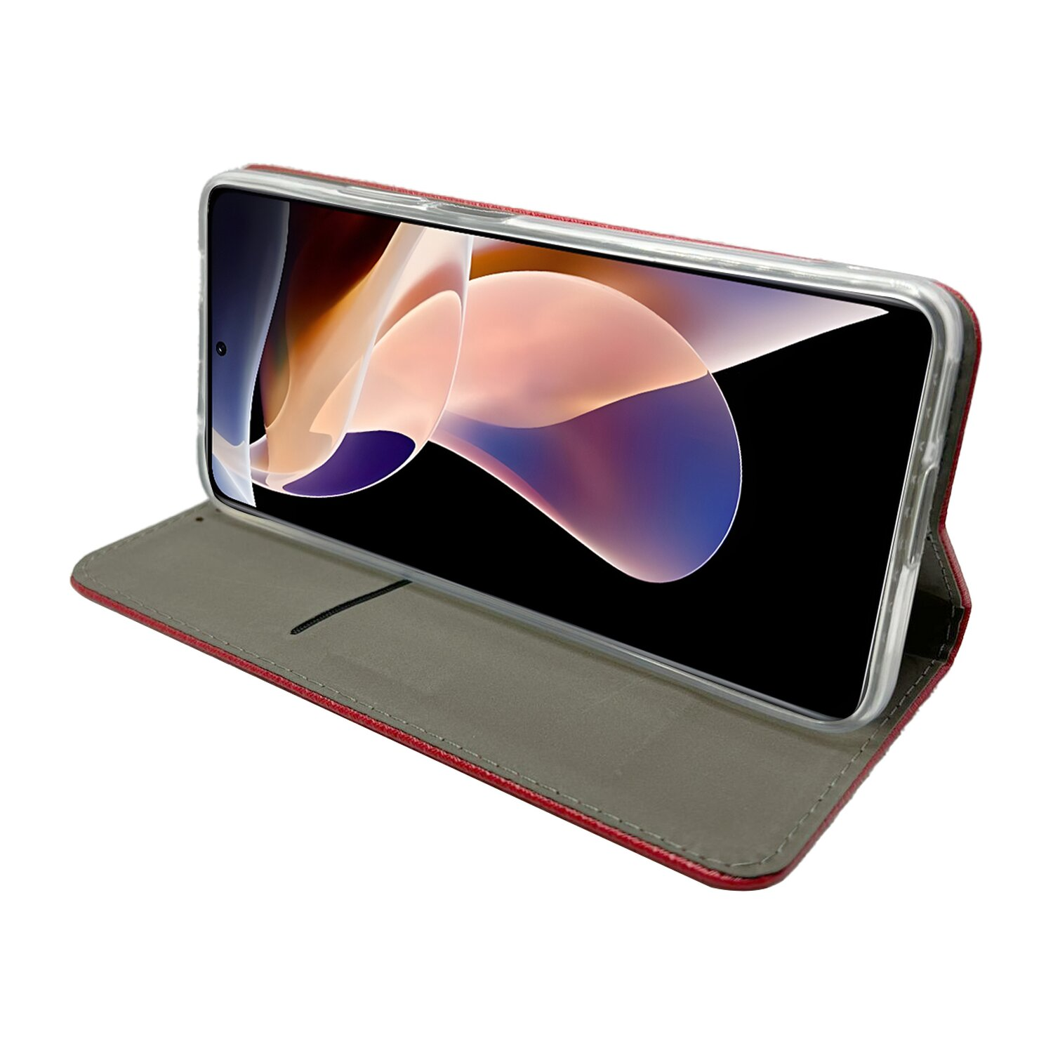 Ein Telefon in einer roten Brieftasche, geöffnet, das Display anzeigend.