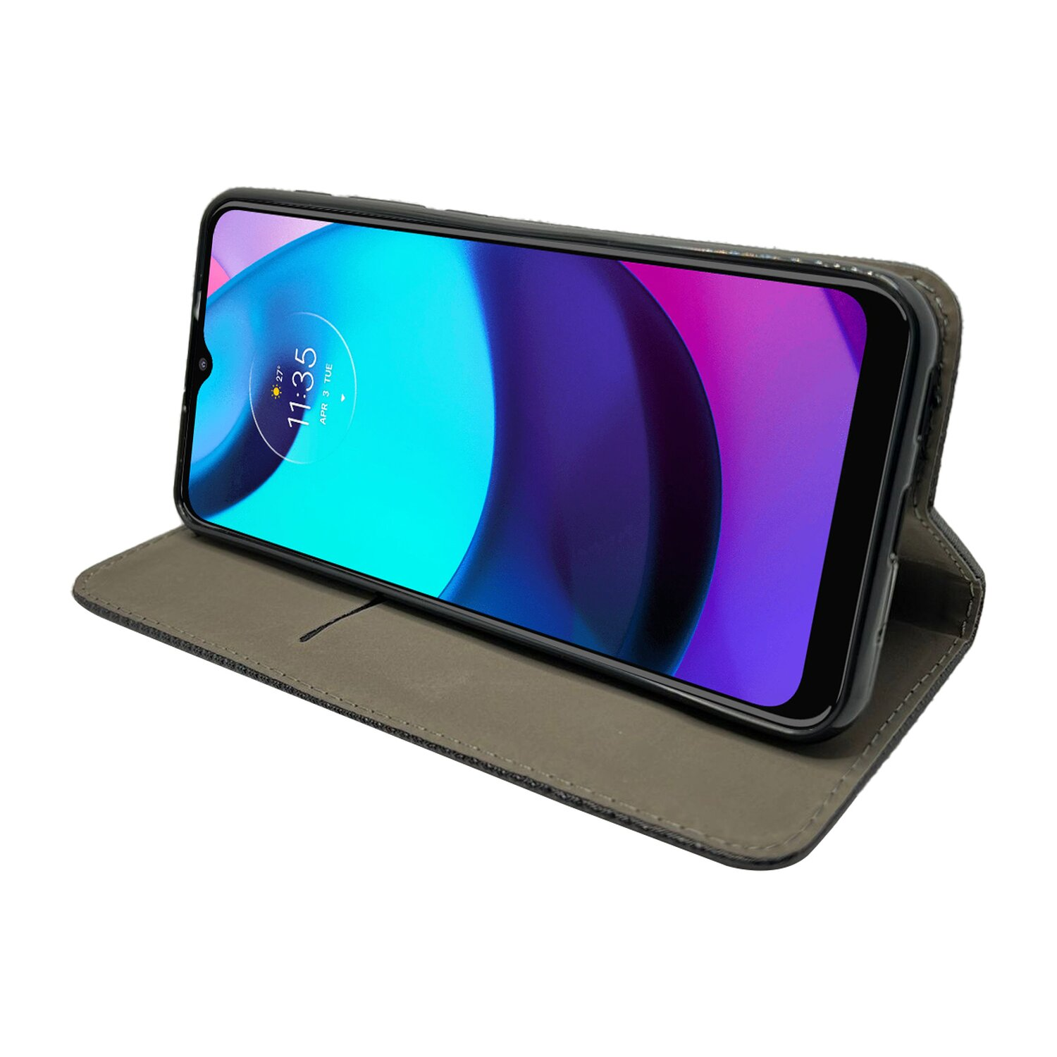 Ein Smartphone in einer grauen Hülle, offen. Der Bildschirm zeigt einen lila-blauen Hintergrund und die Uhrzeit.