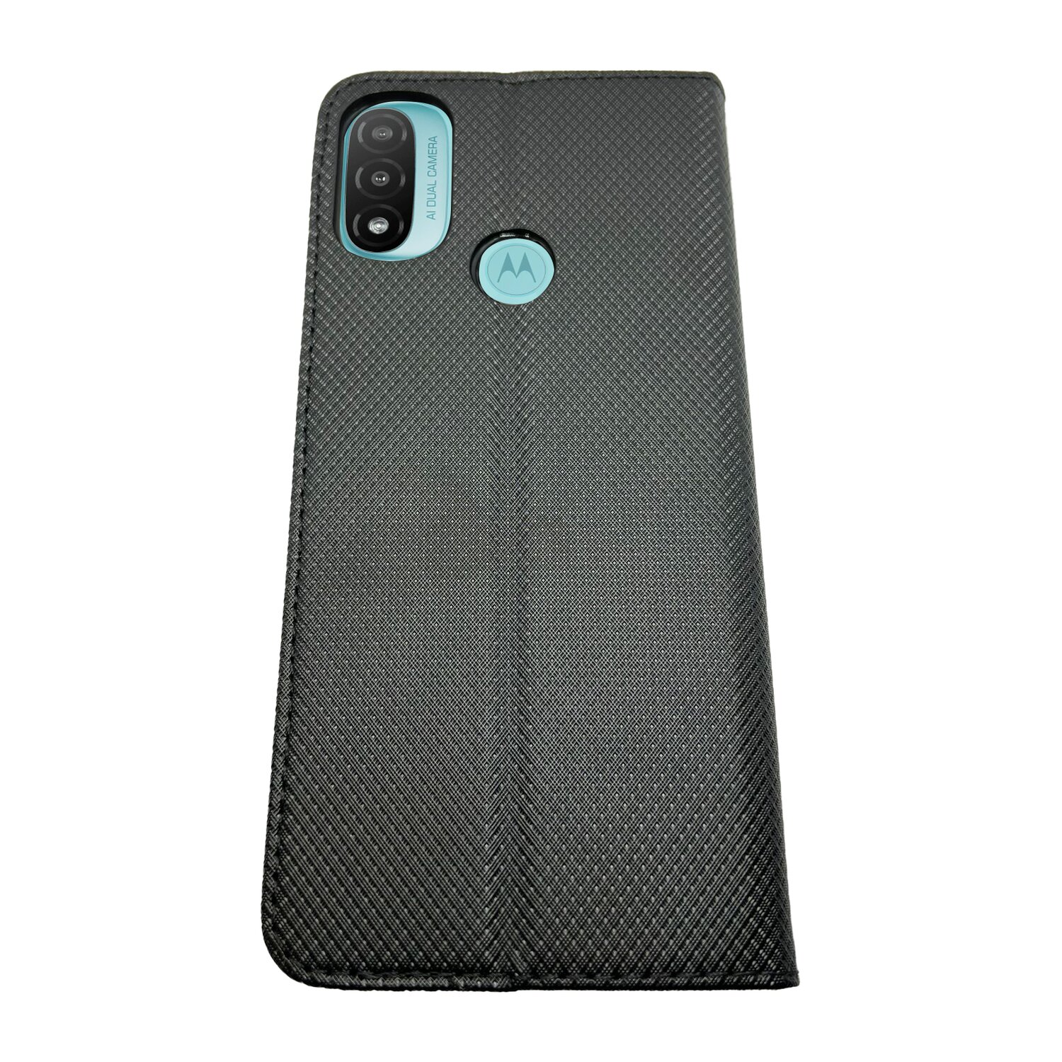 Schwarze Handyhülle mit strukturiertem Muster, die ein Telefon bedeckt. Ein Motorola-Logo ist sichtbar.