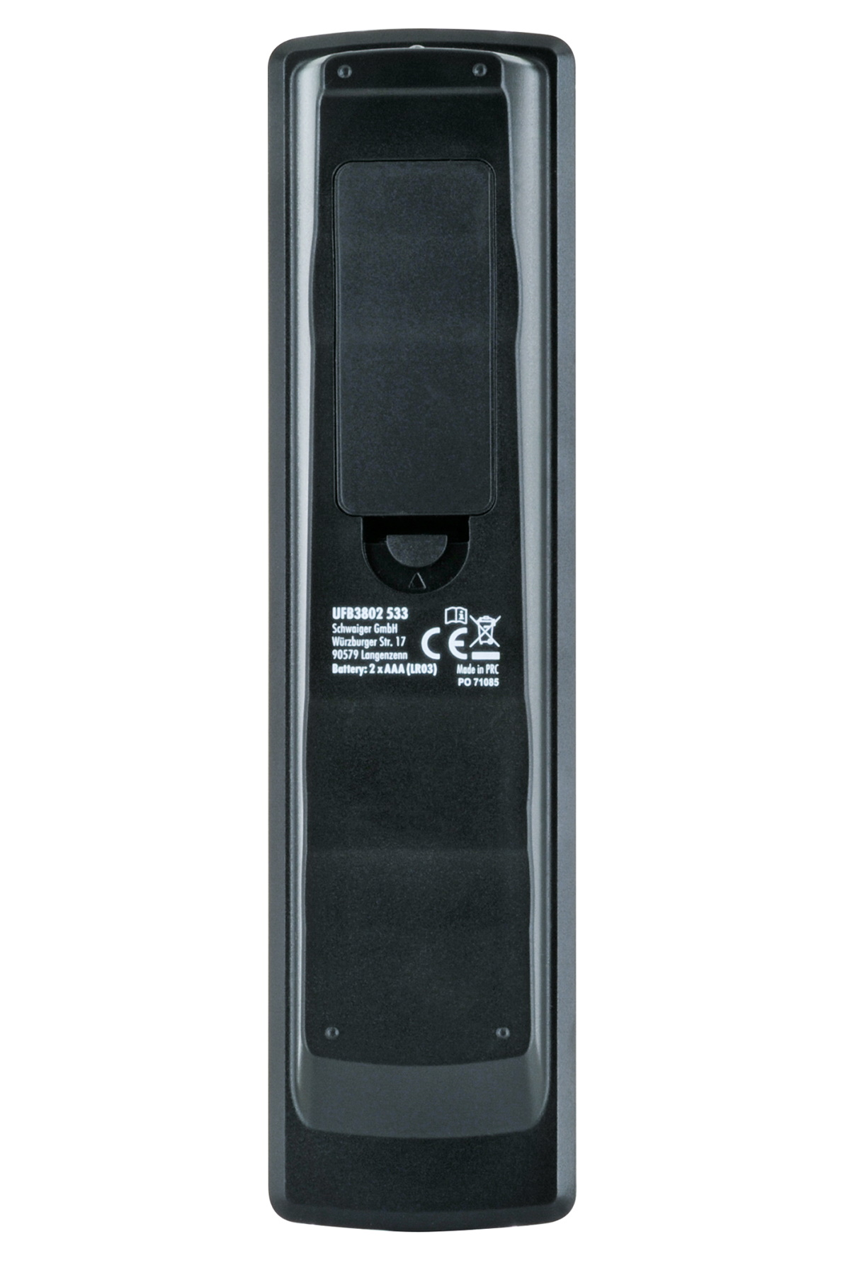 Tył czarnego pilota z detalami komory baterii i informacjami o produkcie.