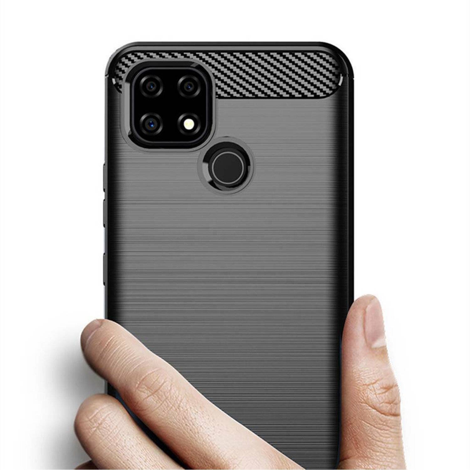 Eine Hand, die eine graue Handyhülle mit strukturierter Oberfläche und Carbonfaser-Design hält.