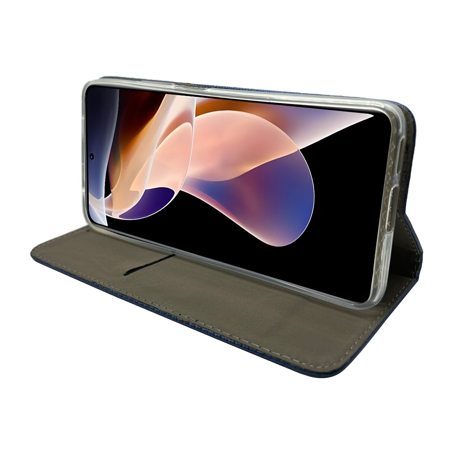 Ein Smartphone in einer Buch-ähnlichen Hülle geöffnet. Der Bildschirm zeigt ein verschwommenes, abstraktes Bild.