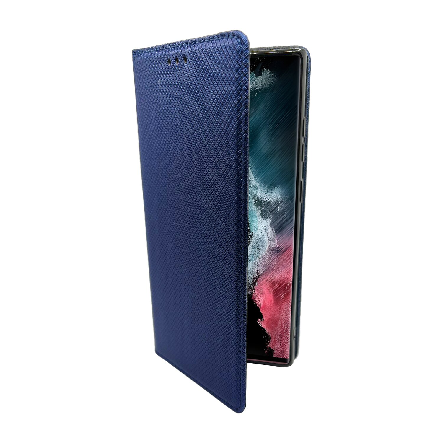 Eine blaue Handyhülle mit einem Telefon darin, auf weißem Untergrund.