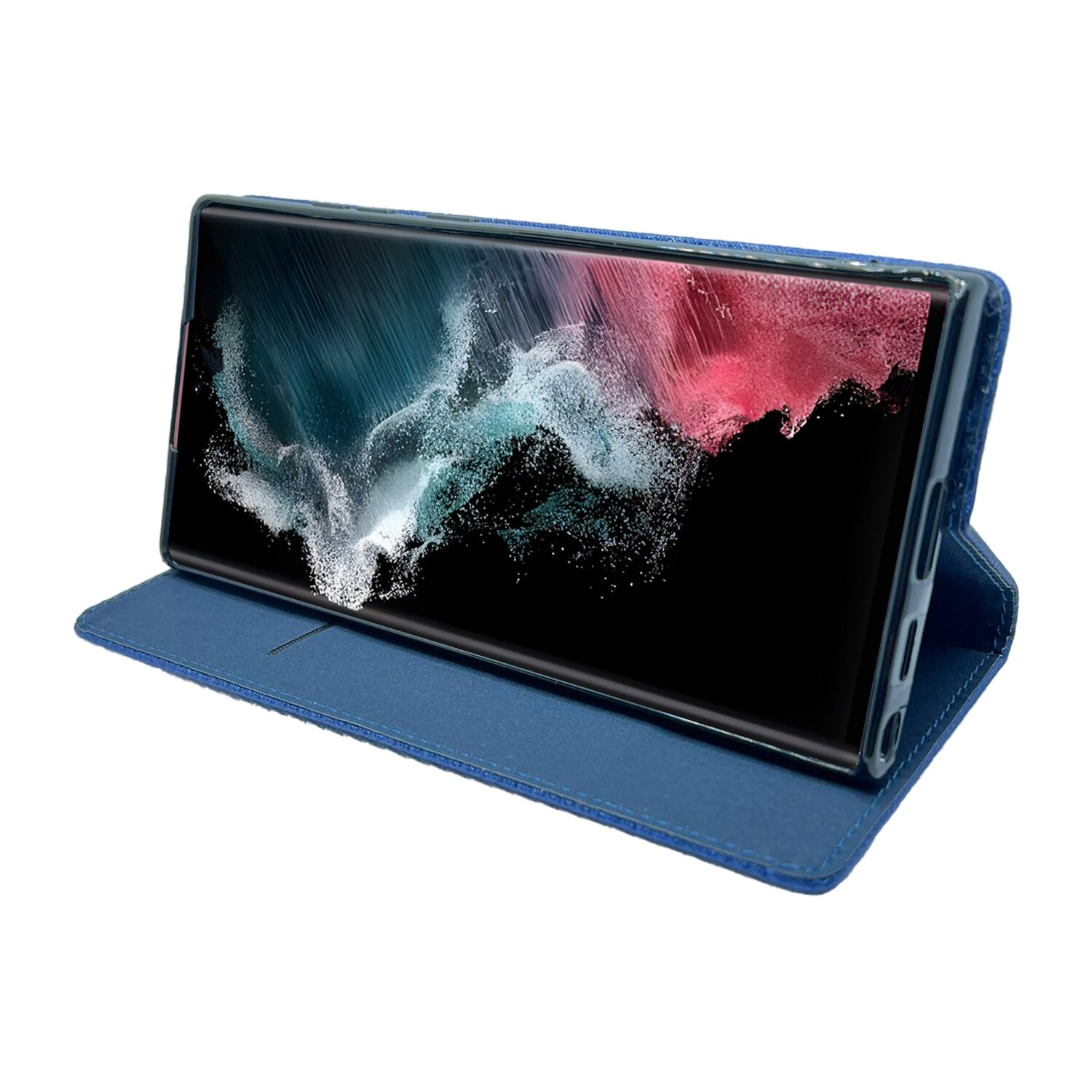Ein Smartphone in einer blauen Hülle, geöffnet, um einen Bildschirm mit digitaler Kunst zu zeigen.