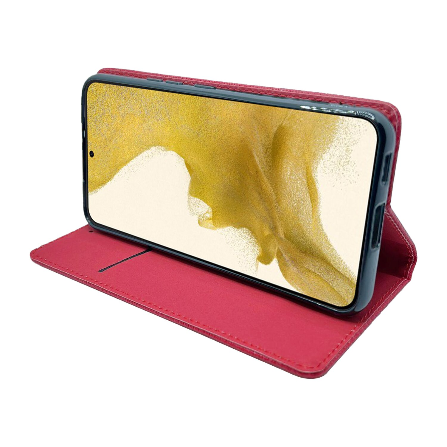 Rotes Telefoncase geöffnet, hält ein Telefon mit gelbem und schwarzem Bildschirm.
