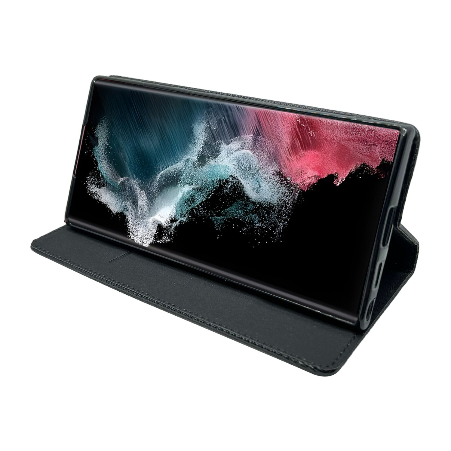 Schwarzes Telefon in einem geöffneten Etui. Das Display zeigt ein buntes abstraktes Bild.